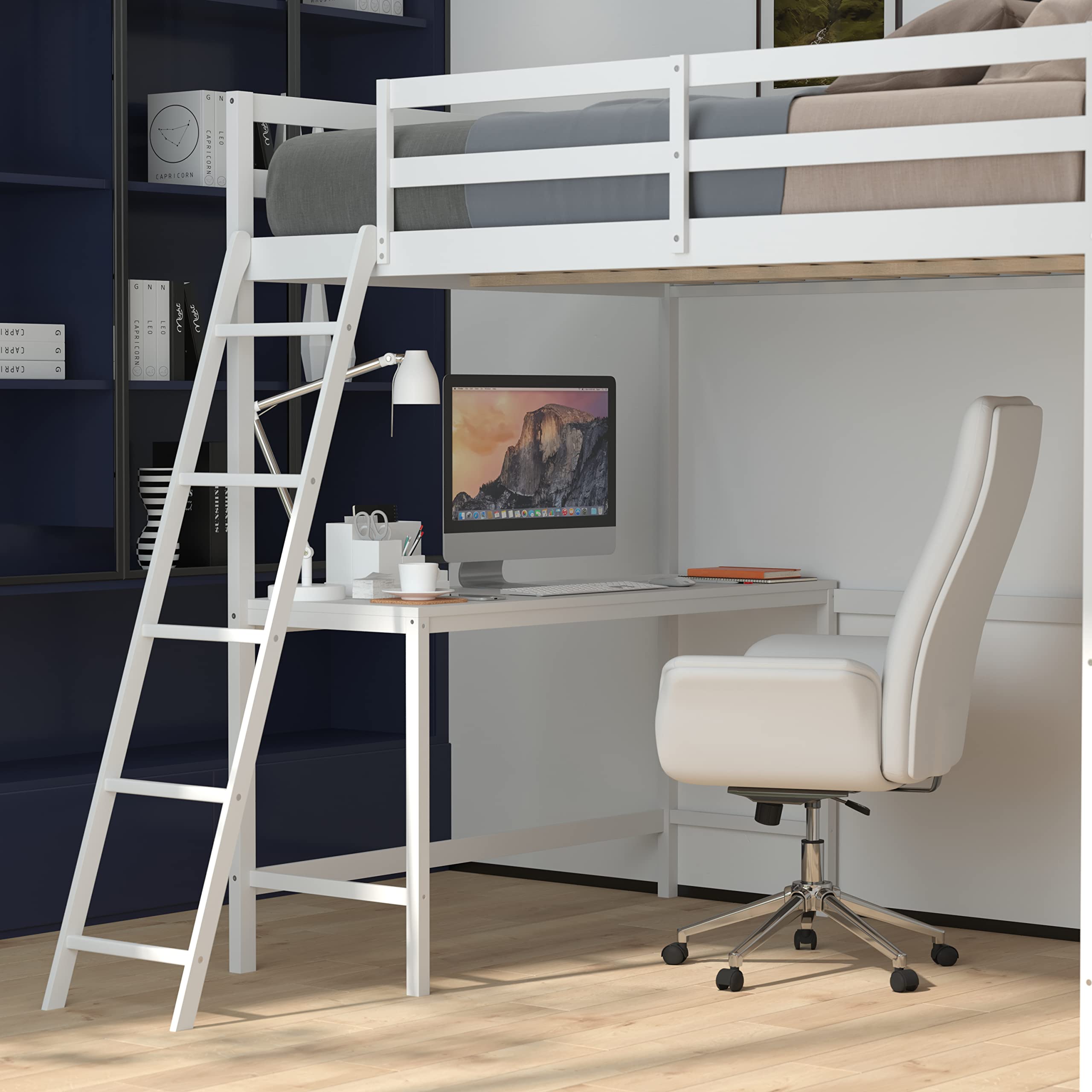 White Full Size Loft Bed Frame with Desk & Wood Slats - Sturdy Protective Guard Rails & Space-Saving Ladder - Perfect for Kids & Teens Bedrooms - Ideal for Small Spaces & Dorm Rooms