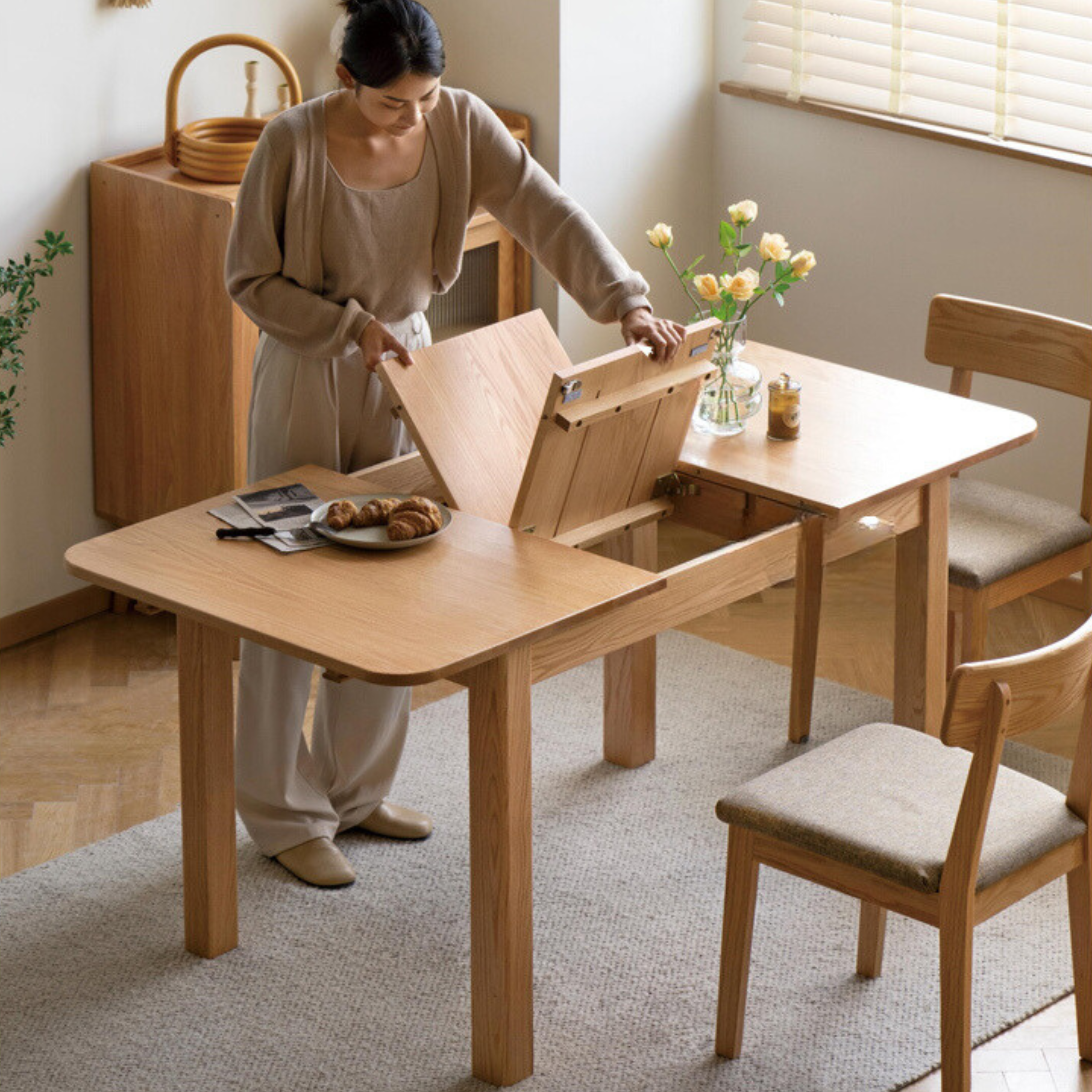 Solid Oak Wood Extendable Folding Dining Table - Expandable for Small Spaces, Perfect for Apartments & Family Gatherings