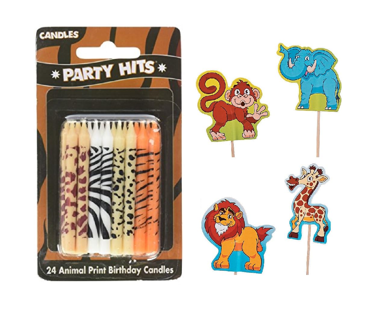 24-Pack Safari Wild Animal Print Birthday Cake Candles & 4 Cupcake Toppers - Jungle Theme Party Decorations for Kids Birthday, Baby Shower, and Zoo-Themed Celebrations
