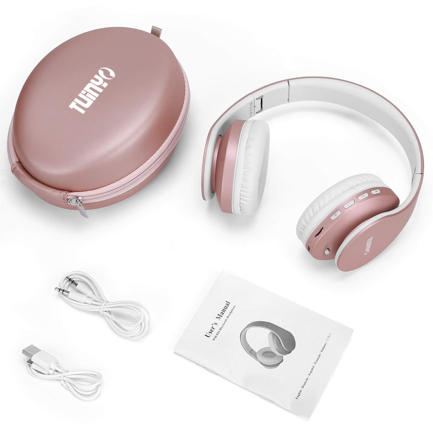 TUINYO Wireless Over-Ear Headphones with Microphone, Bluetooth 5.0, Foldable Design, Hi-Fi Stereo Sound, 30H Playtime - Rose Gold for Work, Travel & Gaming