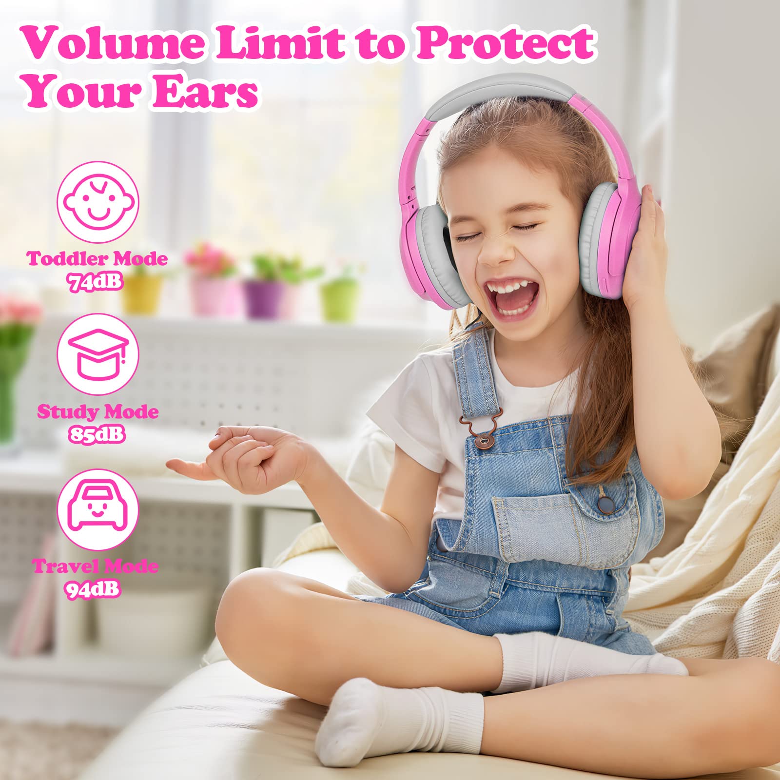 FFZ Kids Wireless Headphones with Volume Limiter - Adjustable Over-Ear Bluetooth 5.3 Headphones with Built-in Mic for Boys & Girls - Safe for School, Travel, iPad, Tablet & PC Use (Pink) - Perfect for Online Learning, Airplane Rides & Home Entertainment