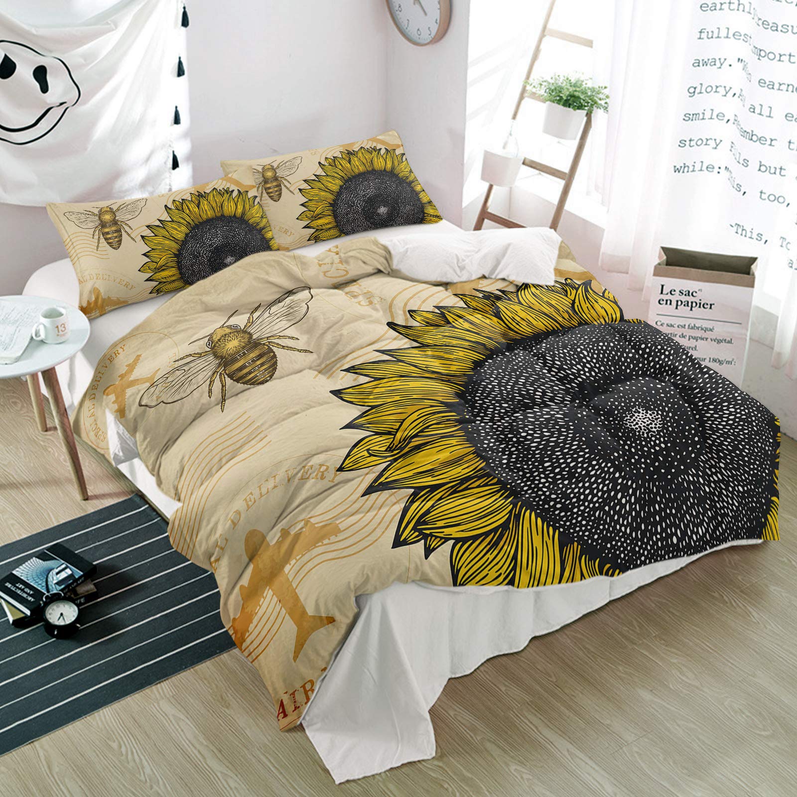 3-Piece Farmhouse Sunflower & Bumble Bee Duvet Cover Set - Soft Microfiber Quilt Cover with Pillowcases, Vintage Floral Bedding for King Size - Perfect for Cozy Bedroom Decor & All-Season Comfort