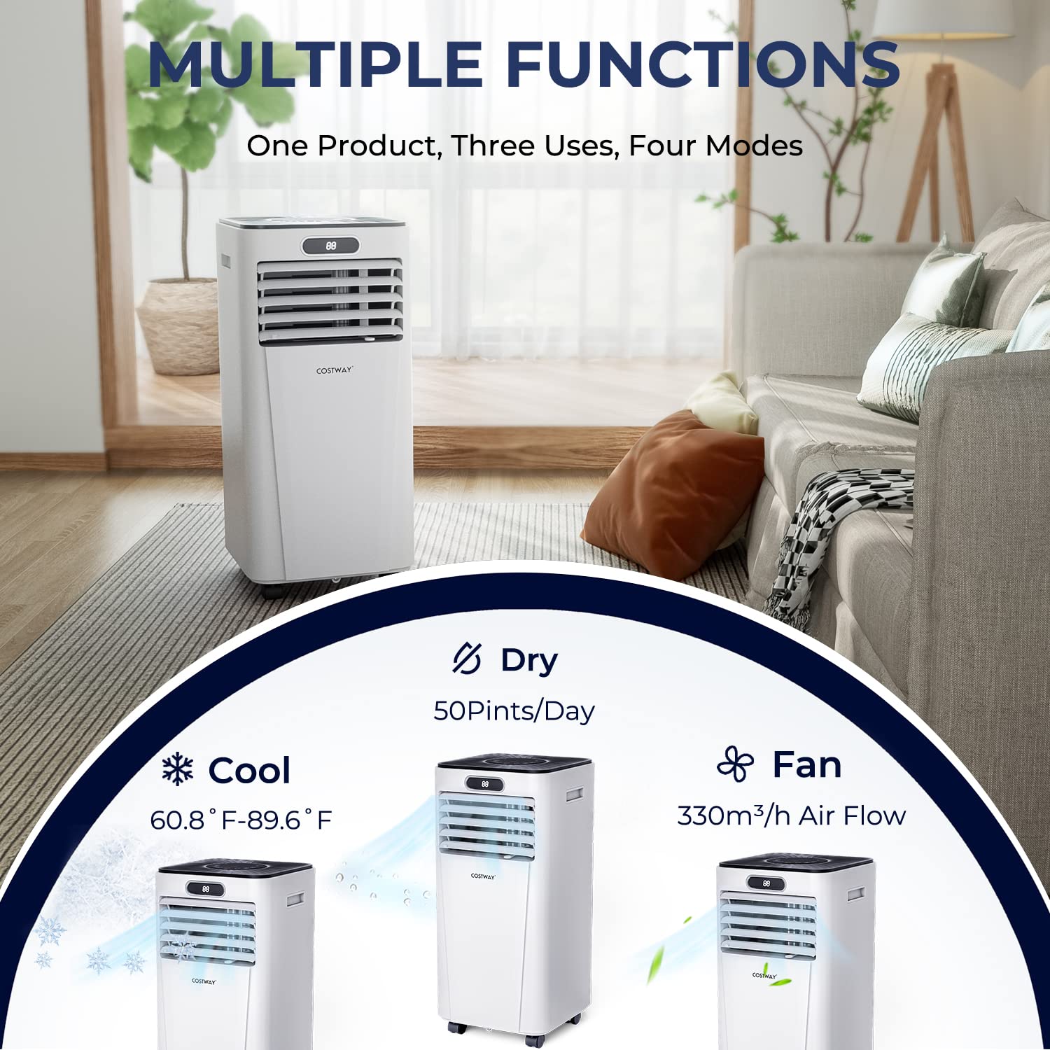 COSTWAY 10000BTU Portable Air Conditioner with Dehumidifier, 3-in-1 Cooling Fan & Sleep Mode, 2 Speed Settings, 24H Timer & Remote Control - Cools Rooms Up to 350 Sq.Ft (Window Kit Included, White) - Perfect for Bedrooms, Living Rooms & Home Offices