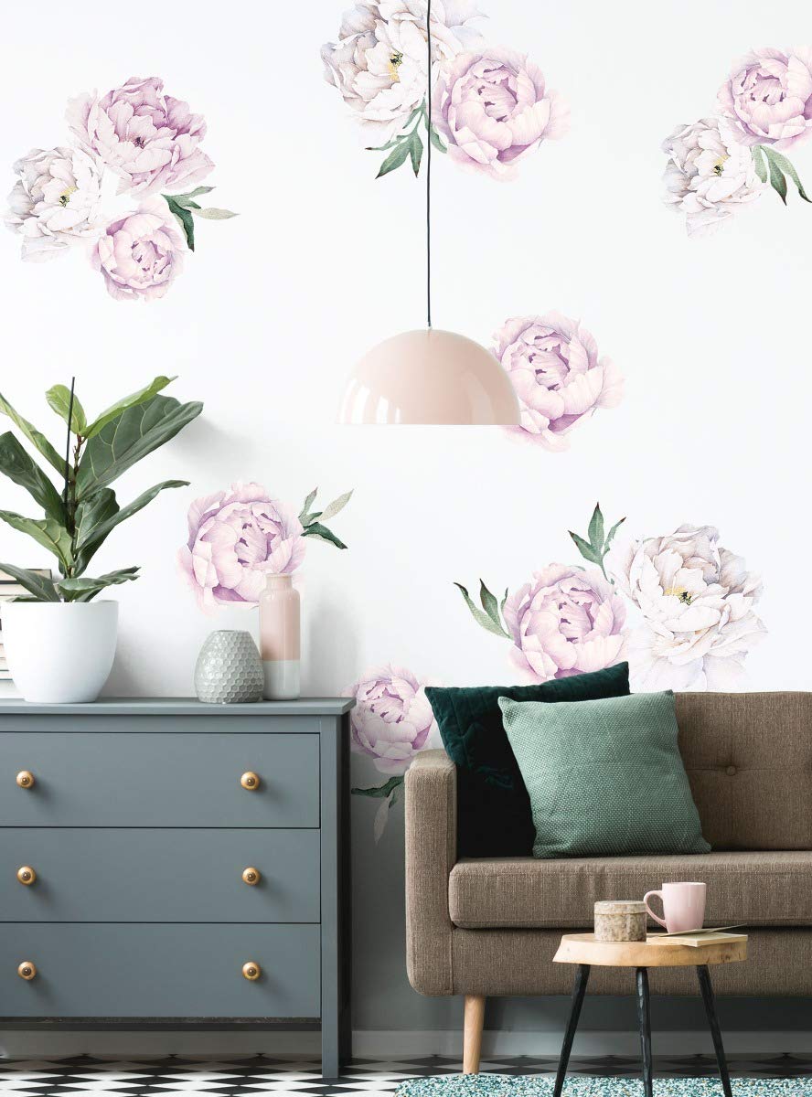Vintage Lilac Peony Flower Wall Stickers - Large Set of Simple Shapes for Home Decor, Nursery, Bedroom & Living Room Wall Art