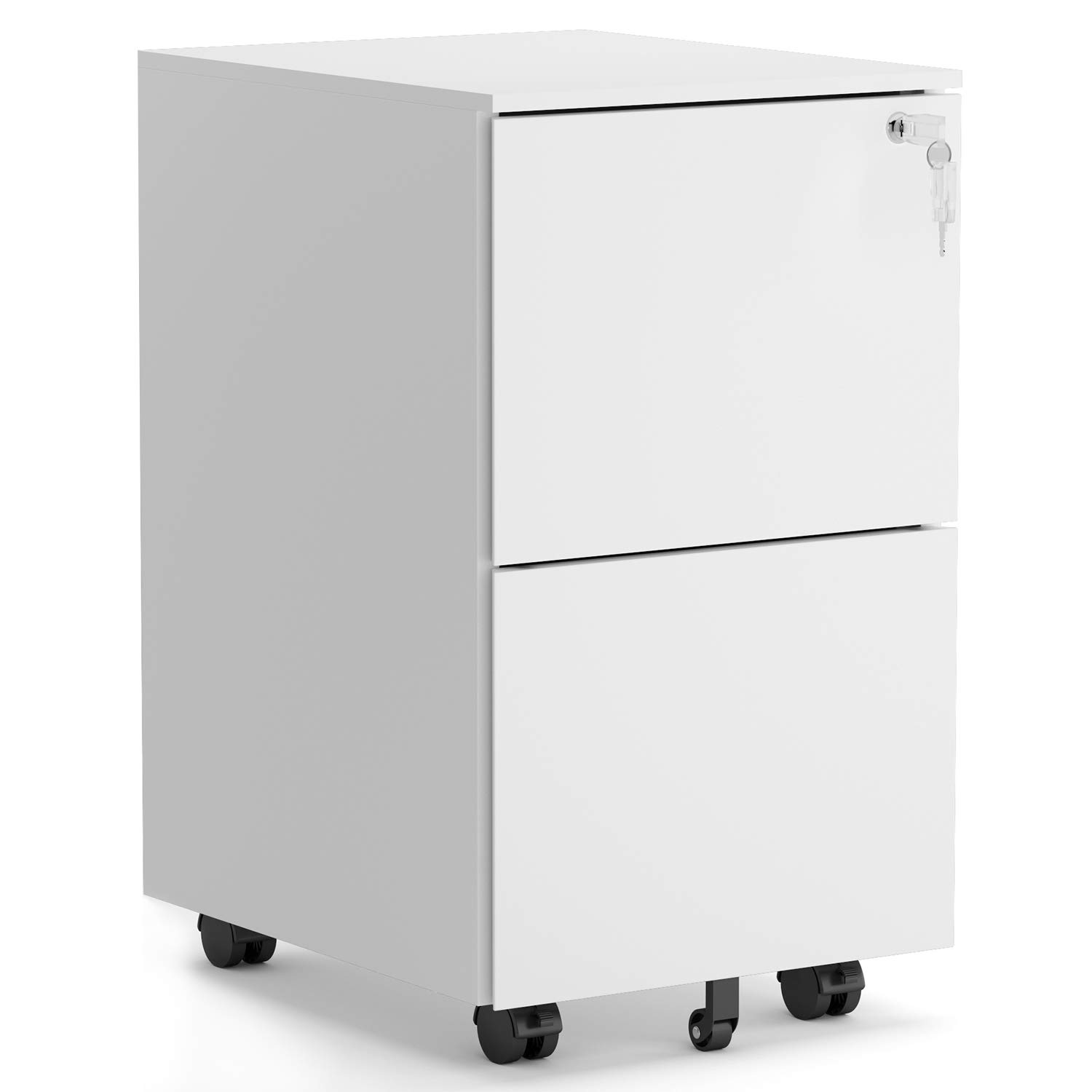 2 Drawer Locking File Cabinet with Wheels - Mobile Metal Filing Cabinet for Home & Office, Steel, White - Perfect for Organizing Documents in Small Spaces & Offices
