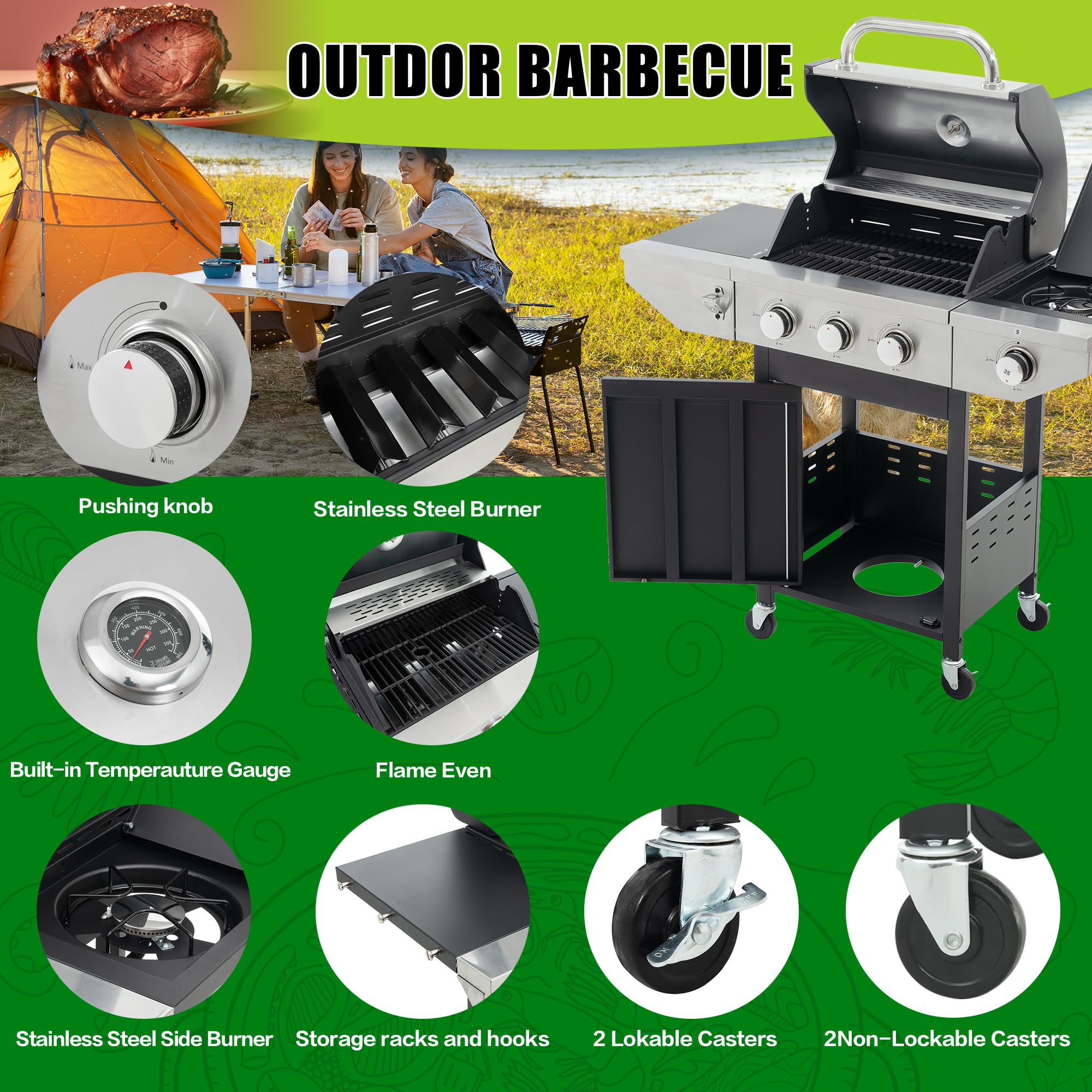 Stainless Steel 3-Burner Propane Gas Grill with Side Burner, Temperature Gauge & Electronic Ignition - 430-Grade Outdoor BBQ Grill with Cast Iron Grids for Backyard, Camping & Tailgating Parties