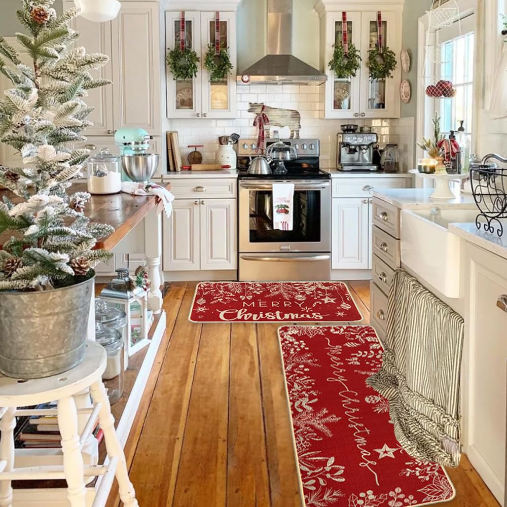 Christmas Kitchen Rugs Set of 2 - Non-Slip Holiday Floor Mats with Holly Pine Design for Xmas Decor, Red Winter Kitchen Mats for Farmhouse, Bedroom & Entryway - Perfect for Holiday Gatherings and Cozy Home Decor