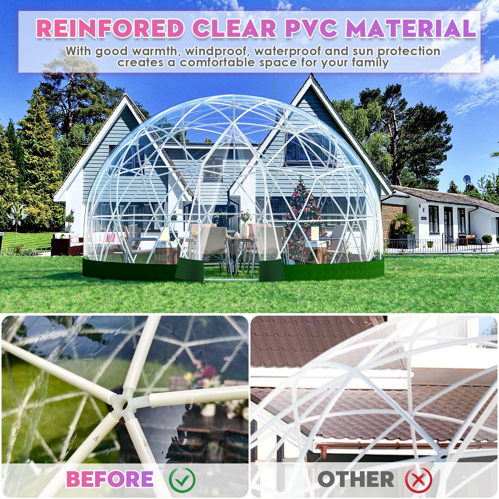 12FT Geodesic Dome Greenhouse Kit - Weatherproof Outdoor Garden Igloo with Clear PVC Cover & 2x10M LED String Lights - Perfect for Backyard Parties, Patio Gatherings & Year-Round Plant Growing (Green)