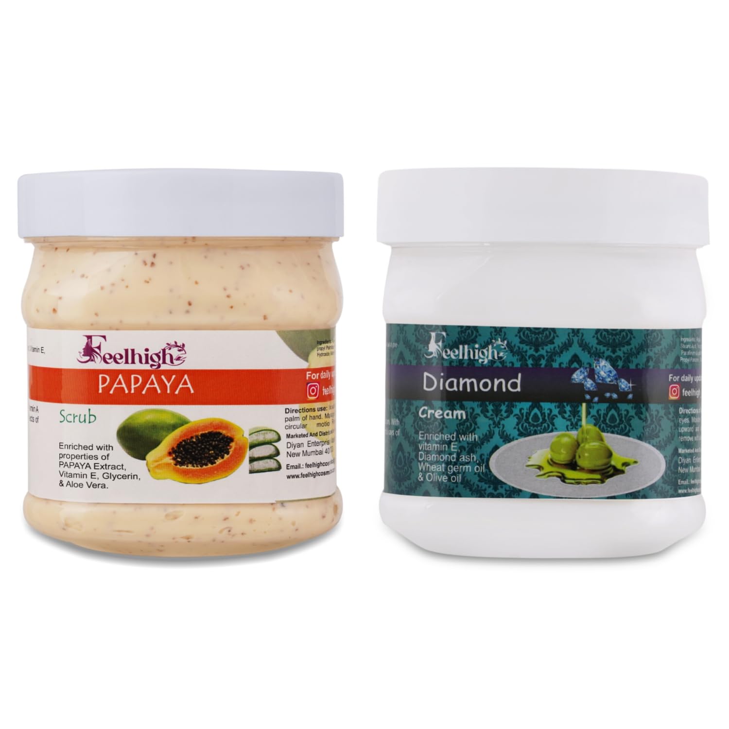 Feelhigh Papaya Face & Body Scrub with Diamond Cream - Exfoliating & Brightening Skincare Set (2 Items) for Glowing Skin at Home & Spa