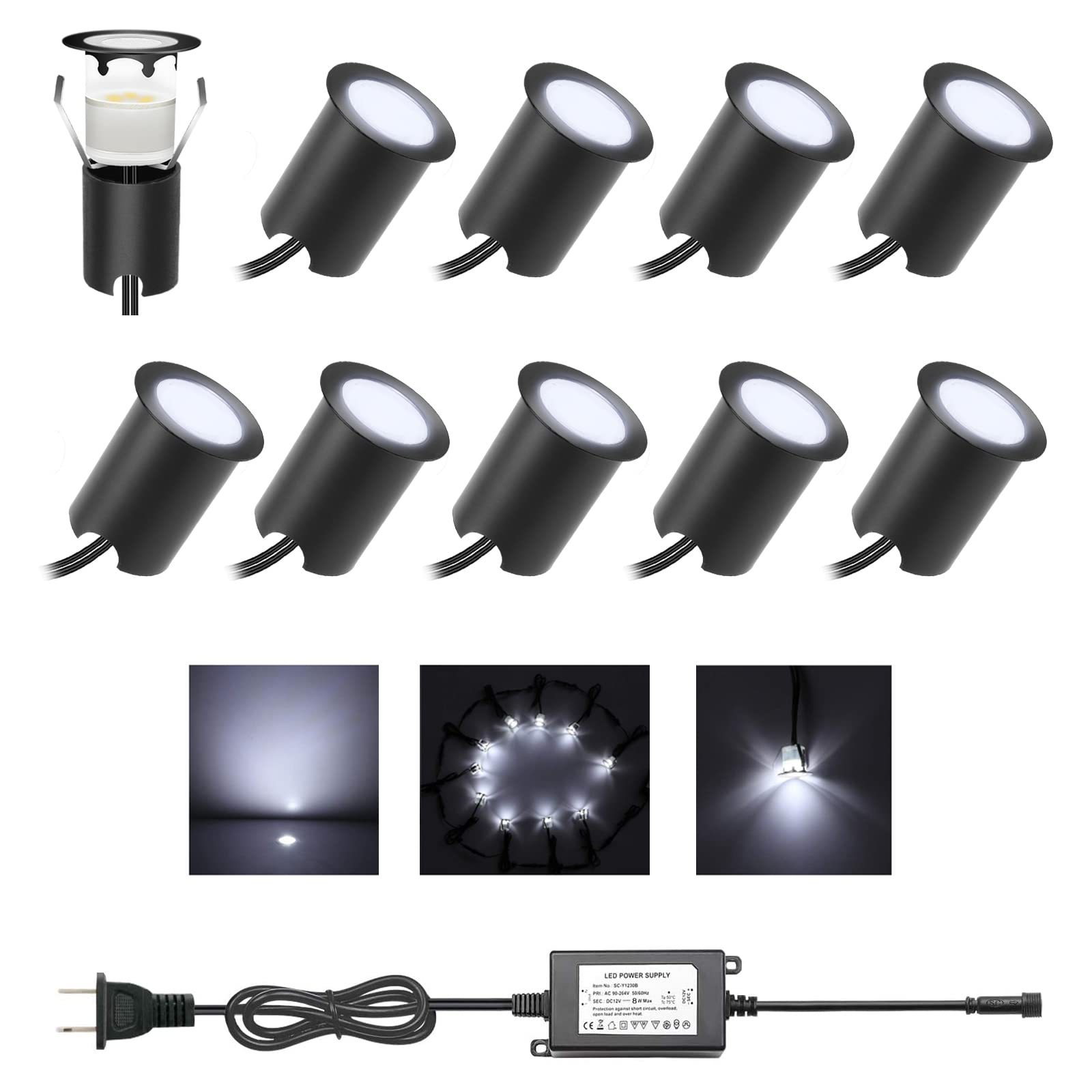 10-Pack Recessed LED Deck Lights Kit with Protective Shell, IP67 Waterproof 12V Low Voltage Embedded Step Lighting - Cool White Outdoor Landscape Lights for Yard, Garden, Stairs, Floor & Entryways | Perfect for Patio, Poolside & Pathway Illumination