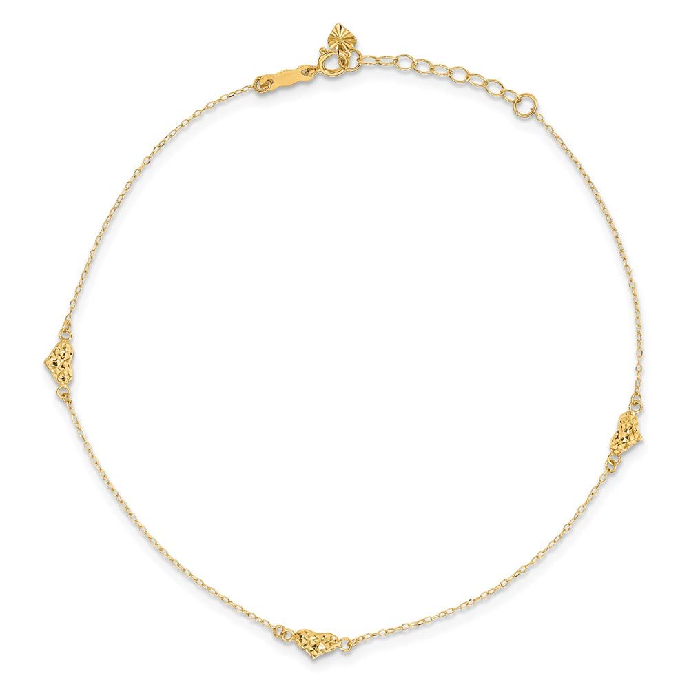 14K Yellow Gold Diamond-Cut Triple Puffed Hearts 1 Inch Anklet Bracelet - 9