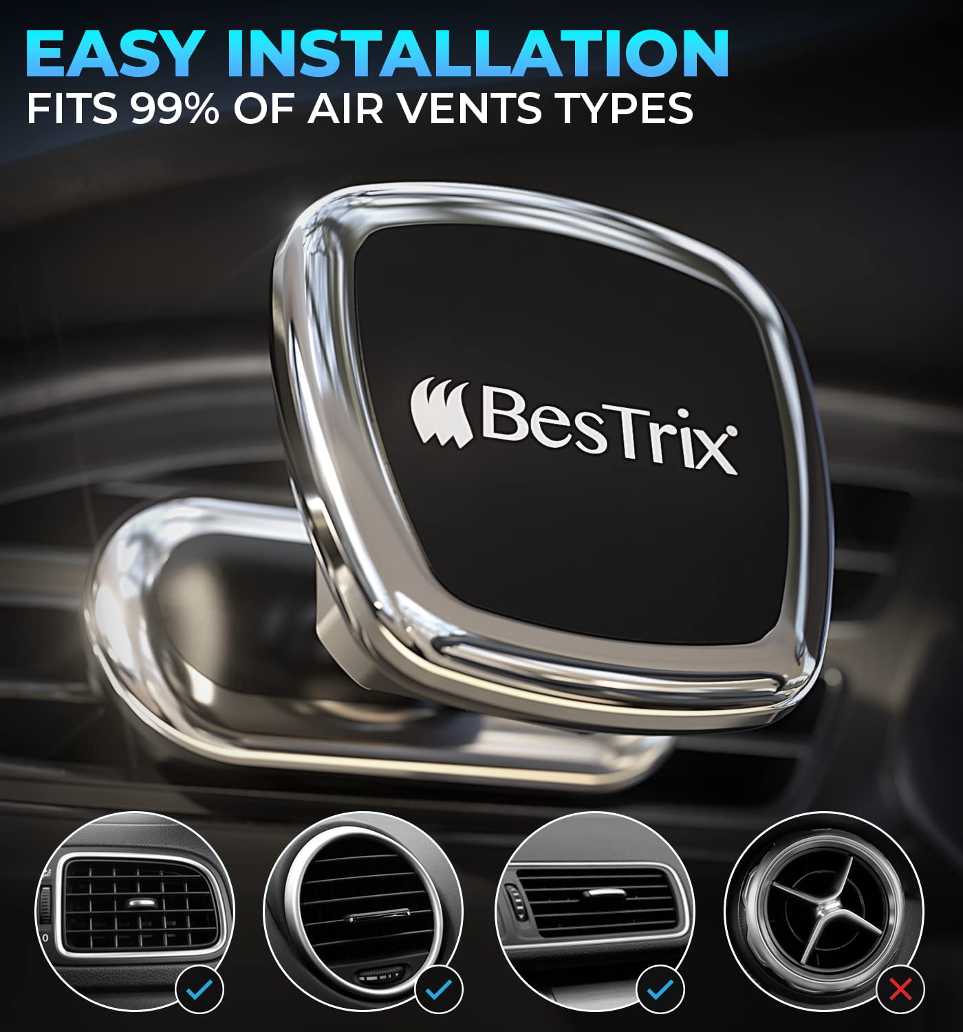 Bestrix Magnetic Phone Car Mount - Strong Magnetic Car Phone Holder for iPhone 14/13/12/11 Pro/Pro Max/XS/XR/X, Galaxy S22/S21/S20/S10/Note & More | Air Vent Mount | Secure Hands-Free Driving | Perfect for Commuting, Road Trips & GPS Navigation
