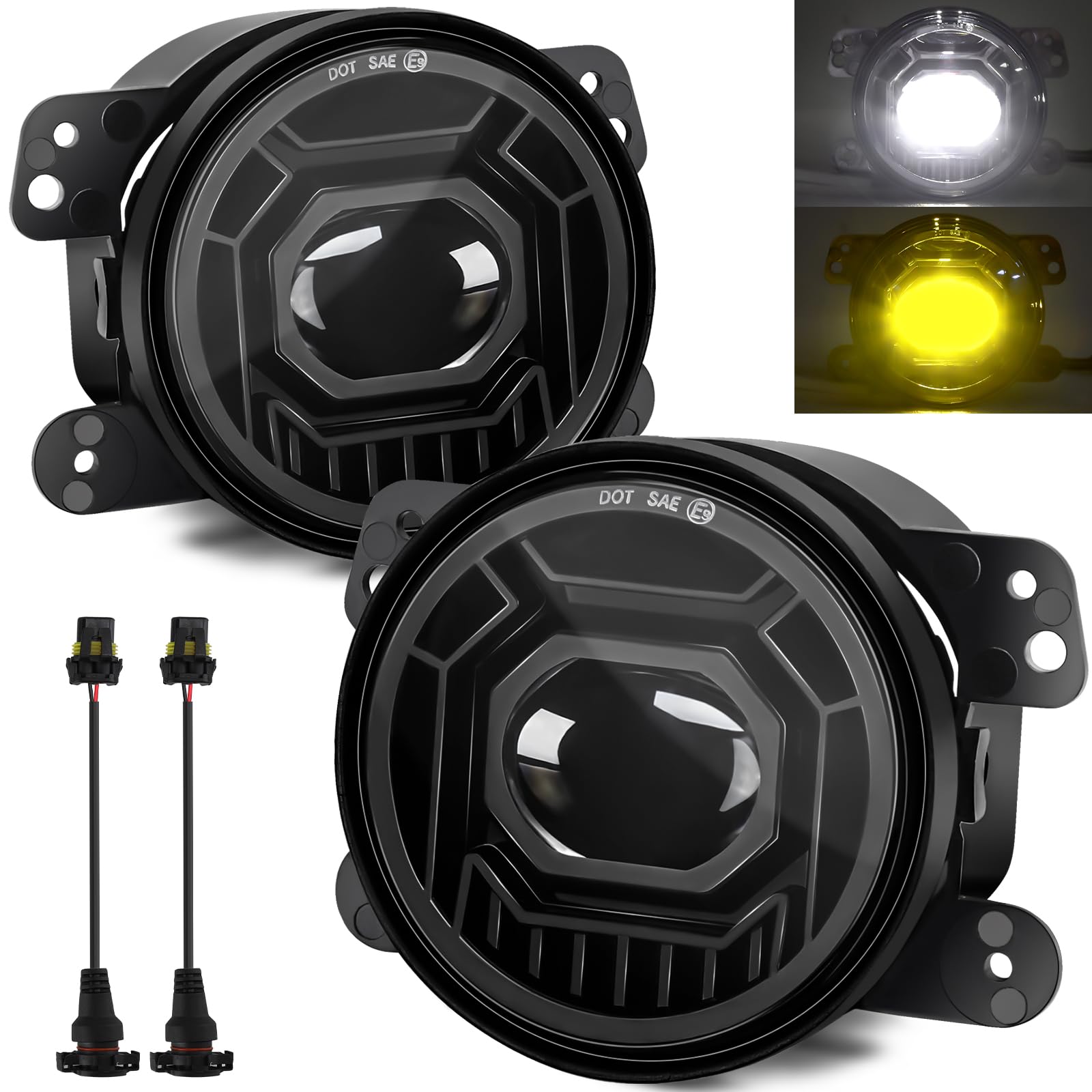 4 Inch Round LED Fog Lights for 2007-2024 Jeep Wrangler JK JKU JLU - 60W White/Amber Off-Road Lamps - DOT Approved Black Front Bumper Light Assembly - Perfect for Night Driving & Off-Road Adventures