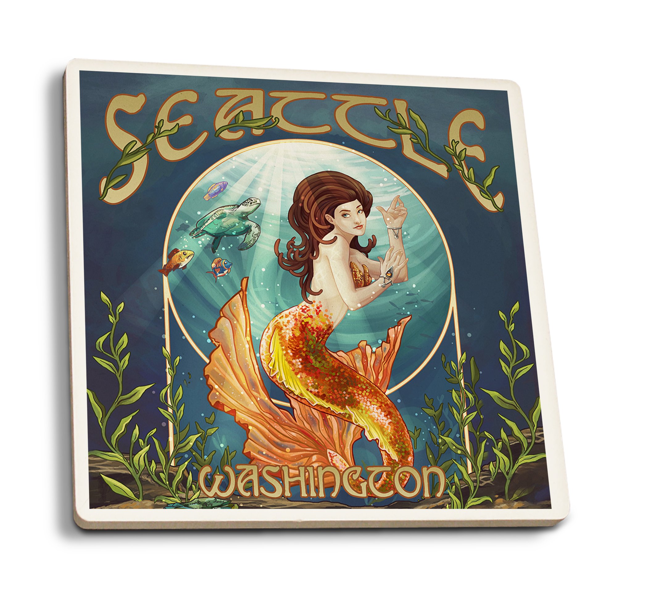 Absorbent Ceramic Coasters Set of 4 - Mermaid Scene Design with Cork Back - Perfect for Kitchen, Dining Table, and Home Decor - Seattle Washington Inspired Coastal Theme