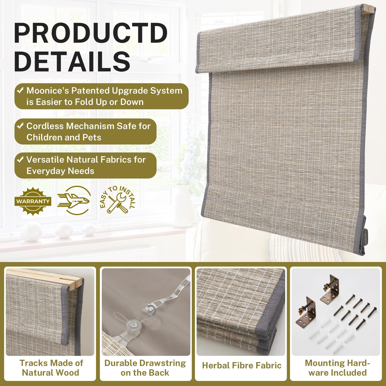 Blackout Cordless Roman Shades - Natural Woven Fabric Privacy Window Blinds for Bedroom & Living Room | Thermal Insulated Room Darkening Shades | Perfect for Home Office, Nursery & Light Control