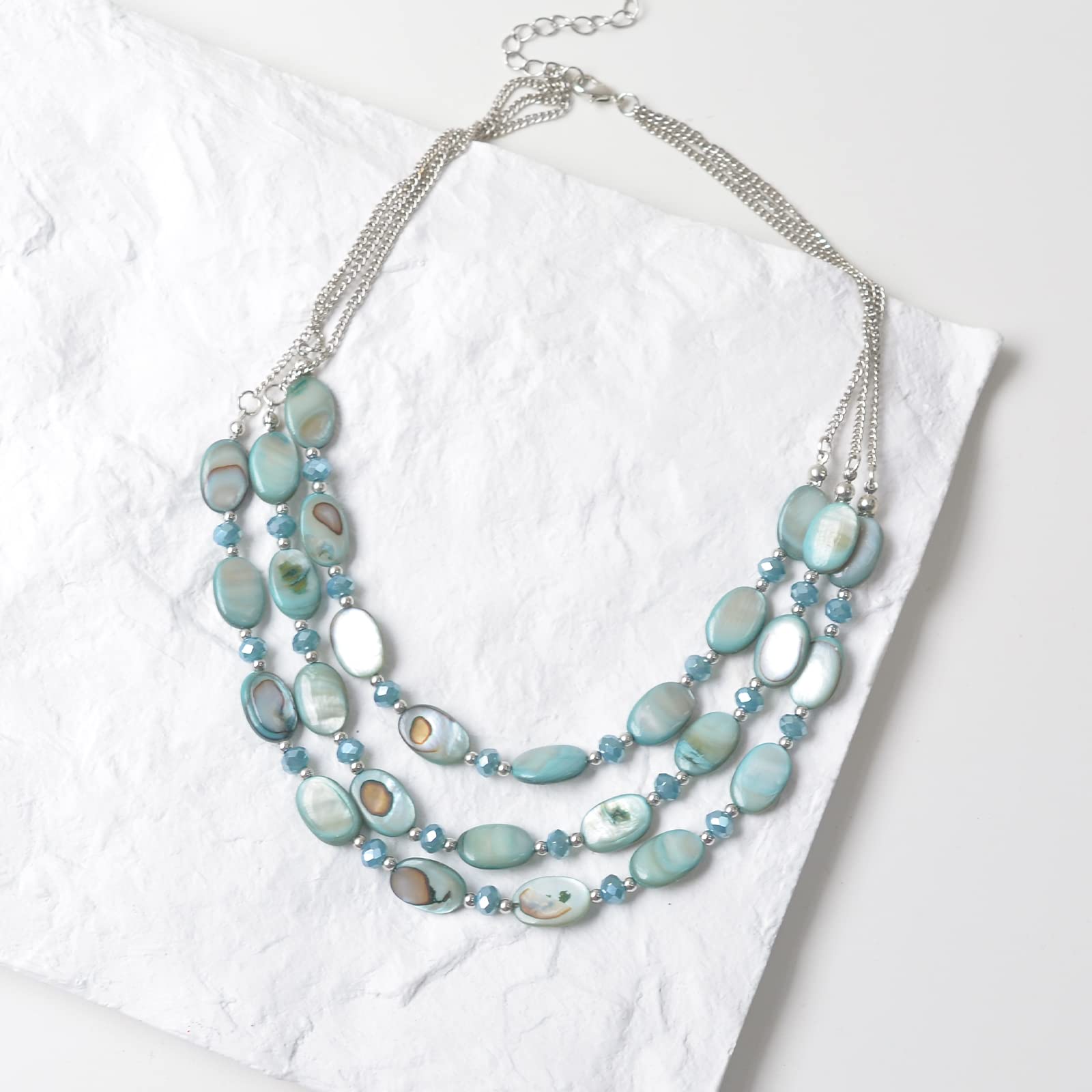 FULU AUTUMN Women's Chunky Layered Beaded Necklace - Silver Chain Statement Jewelry Gift for Her (Grey Blue) | Perfect for Casual Outfits, Office Wear & Special Occasions