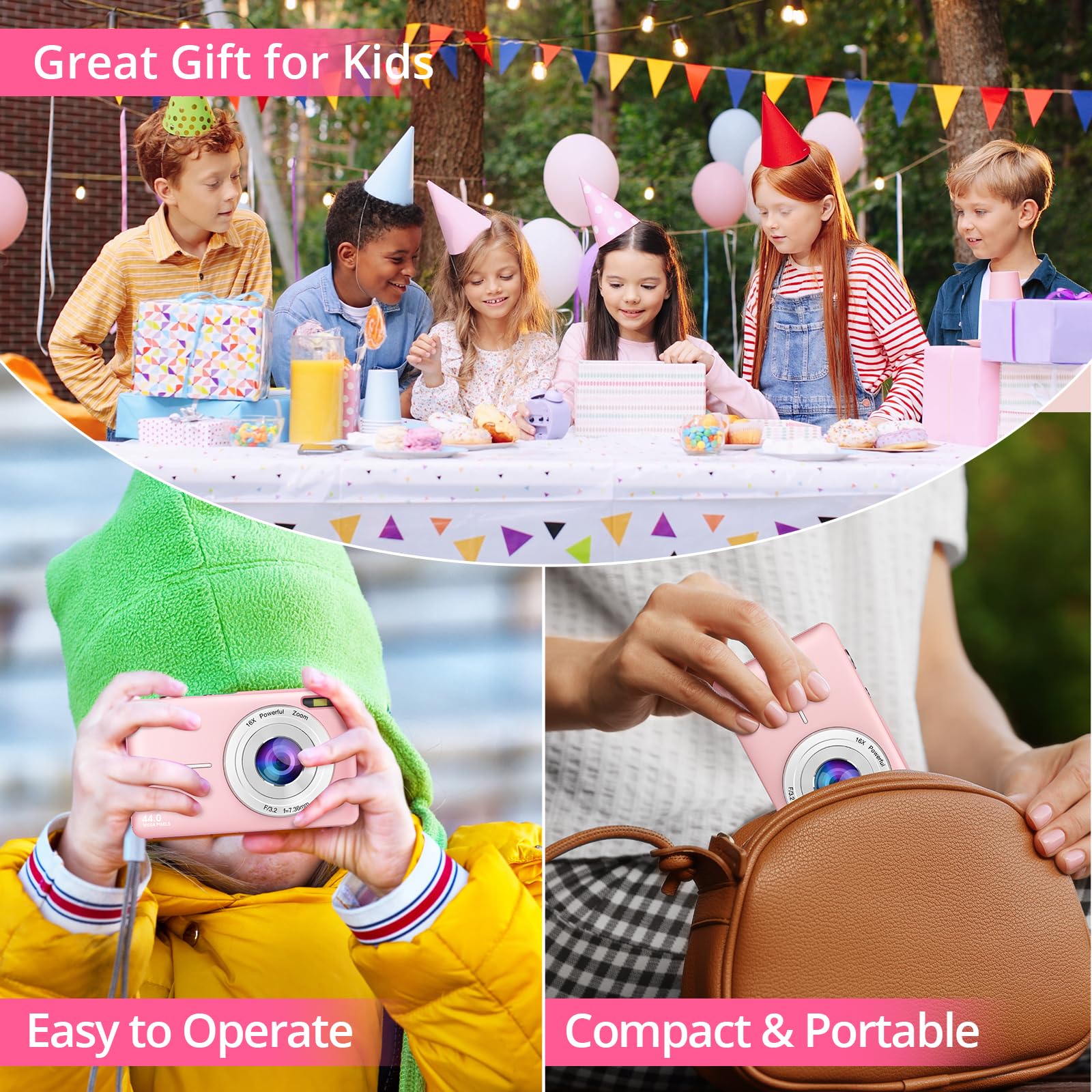 44MP FHD 1080P Digital Camera with 16X Zoom & Anti-Shake | Compact Point and Shoot Camera for Kids, Teens & Students | Perfect for Travel, Birthday Gifts & School Projects (Pink)