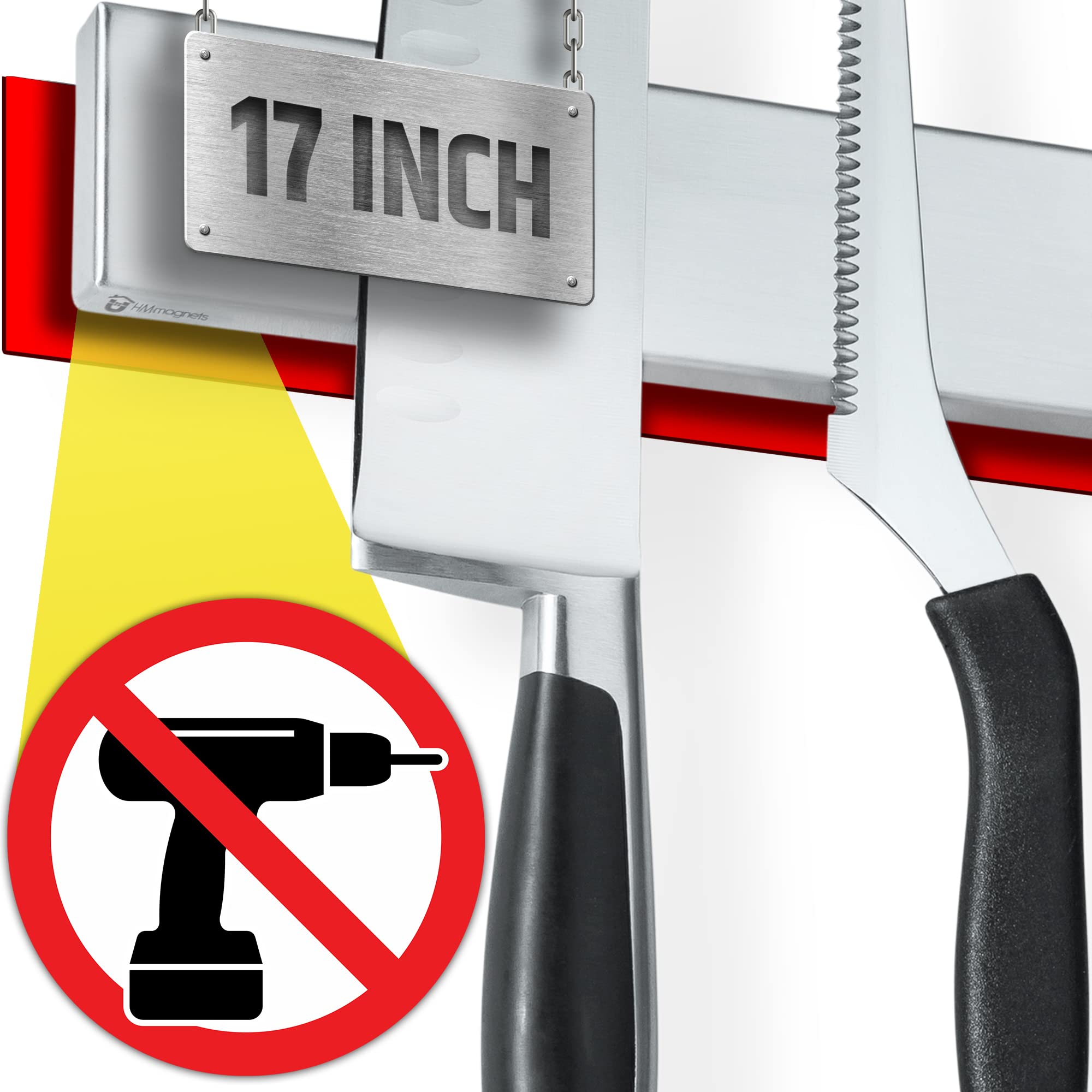 Upgraded No Drill Magnetic Knife Holder - 17 Inch Strong Adhesive Wall Mount Knife Strip with Stainless Steel Bar | No Screws Needed | Secure Hold for Kitchen Knives | Perfect for Home Chefs & Small Spaces