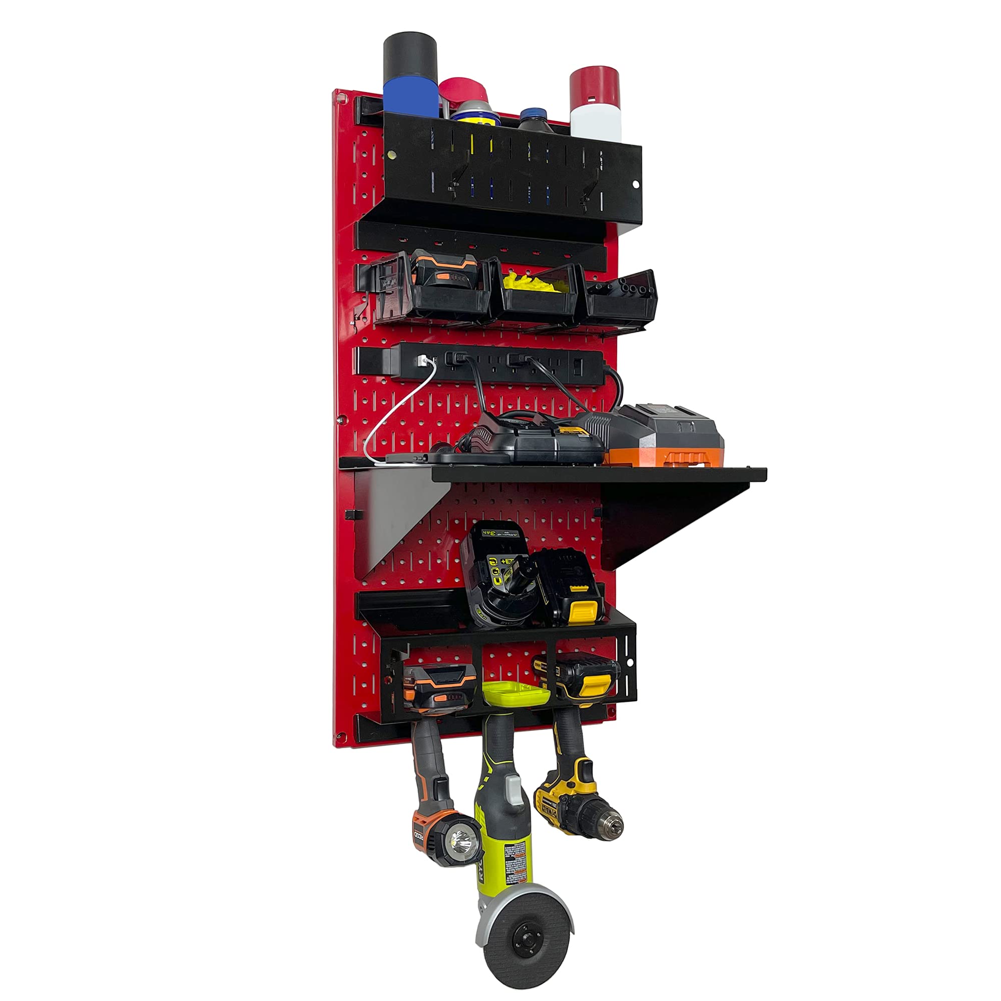 Wall Control Power Tool Storage Organizer Kit - 16”x32” Metal Pegboard with Drill Holder & Charging Station | Heavy-Duty Workshop Organization System (Red) | Perfect for Garage, Shed & DIY Workspace