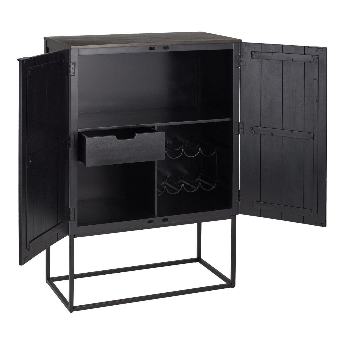 Hand Carved Black Geometric Wooden Bar Cart with Wine Storage | Modern Home Bar Cabinet for Living Room, Dining Room & Kitchen Decor