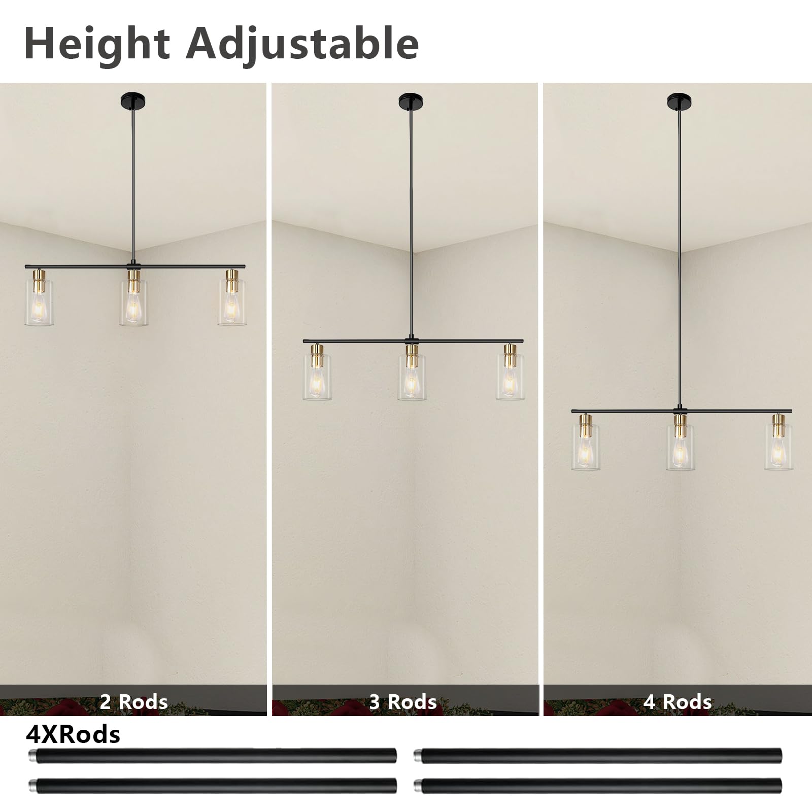 3-Light Farmhouse Chandelier - Black & Gold Linear Kitchen Island Lighting with Glass Shades | Modern Industrial Pendant Light for Dining Room & Breakfast Nook