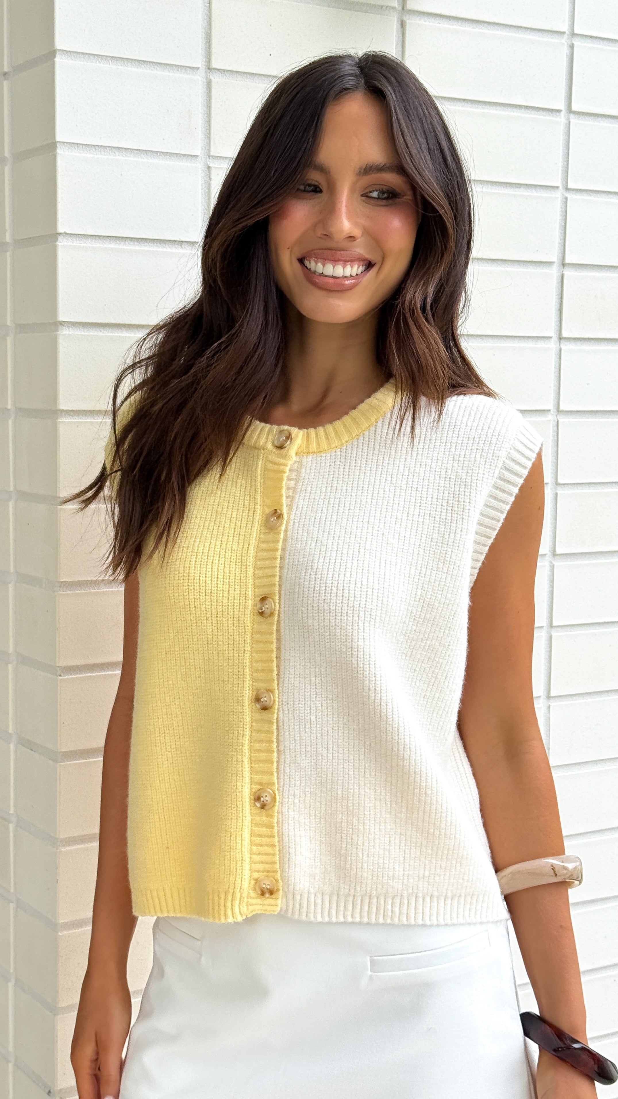 Keisha Knit Button Up Vest for Women - Soft Butter & White Cardigan Sweater - Stylish Layering for Office, Casual Outfits & Fall Fashion