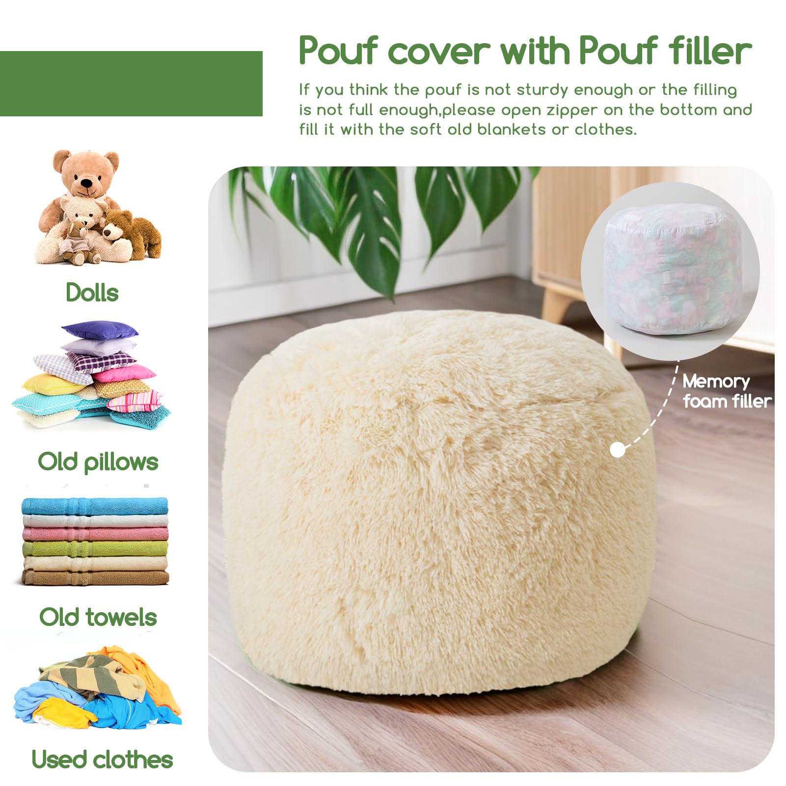 MAXYOYO Round Stuffed Pouf Ottoman - Long Faux Fur Footrest with Foam Chunk Filling, Beige - Perfect for Living Room, Bedroom & Nursery Decor