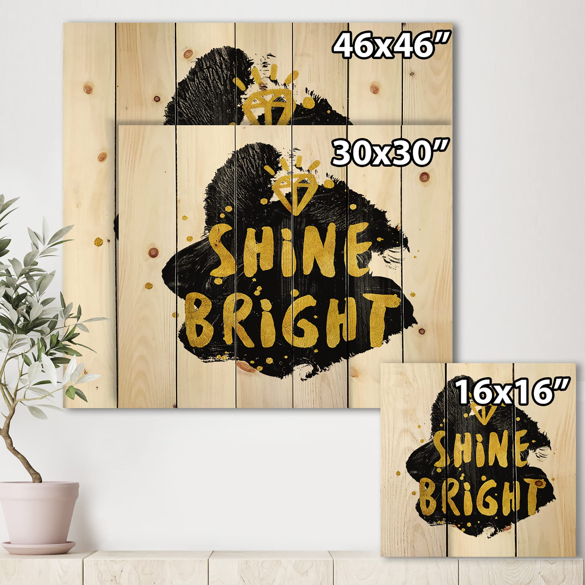 DesignQ Shine Bright Glam Wood Wall Decor - Black Wood Wall Art with Inspirational Quotes - Large Natural Pine Wood Wall Panels for Living Room, Bedroom & Office Decor