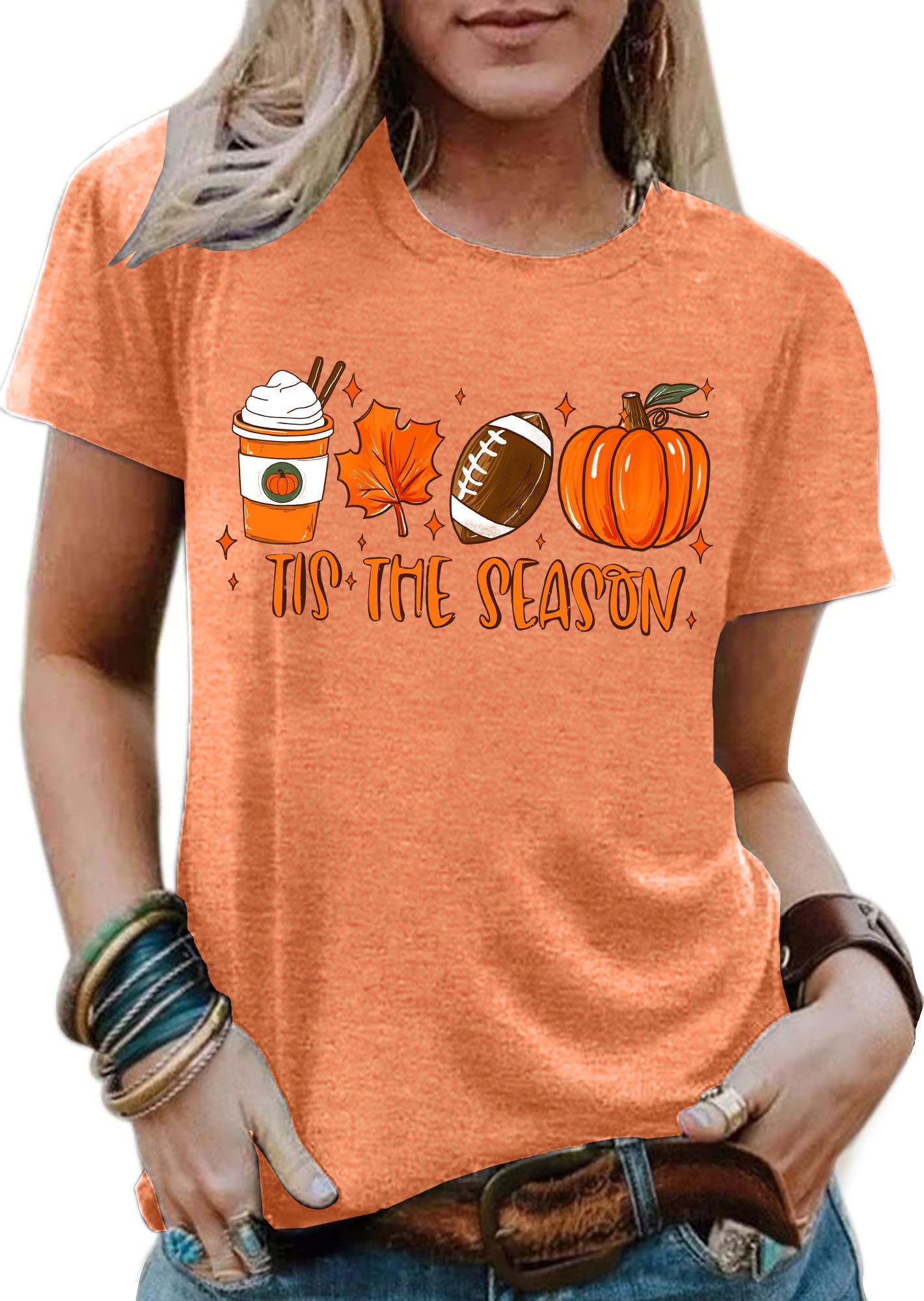 Halloween T-Shirt for Women - 'Tis The Season Pumpkin & Latte Coffee Graphic Tee - Fall Fashion Top for Parties, Pumpkin Picking & Cozy Coffee Dates