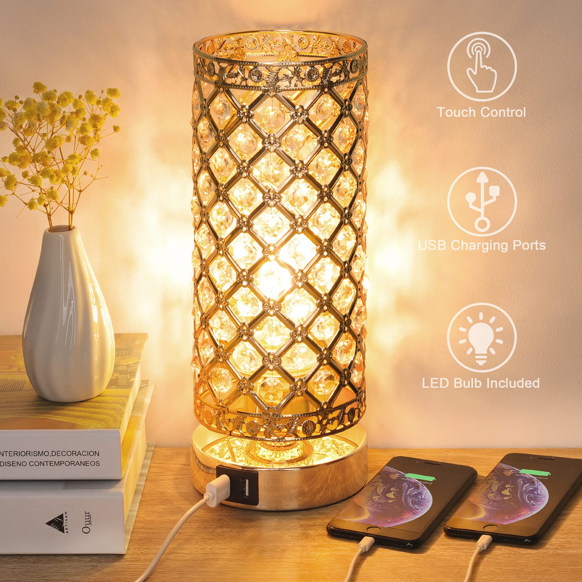 Touch Control Crystal Table Lamp with 2 USB Ports & 3-Way Dimmable Light - Gold Lampshade Bedside Desk Lamp for Bedroom, Living Room, Office - Includes T45 E26 LED Bulb - Perfect for Reading, Working & Nightstand Lighting