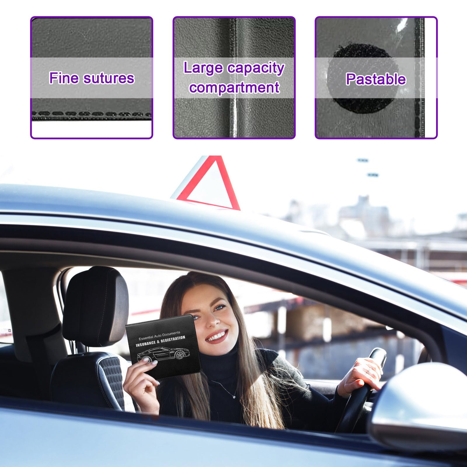 4 PCS Car Registration and Insurance Holder - Vehicle Glove Box Organizer with Secure Closure for License & Documents - Auto Essential Paperwork Wallet Case - Perfect for Organizing Car Papers, Insurance Cards & Vehicle Documents (Black with Car Logo) - Ideal for Road Trips, Daily Commutes & Vehicle Maintenance