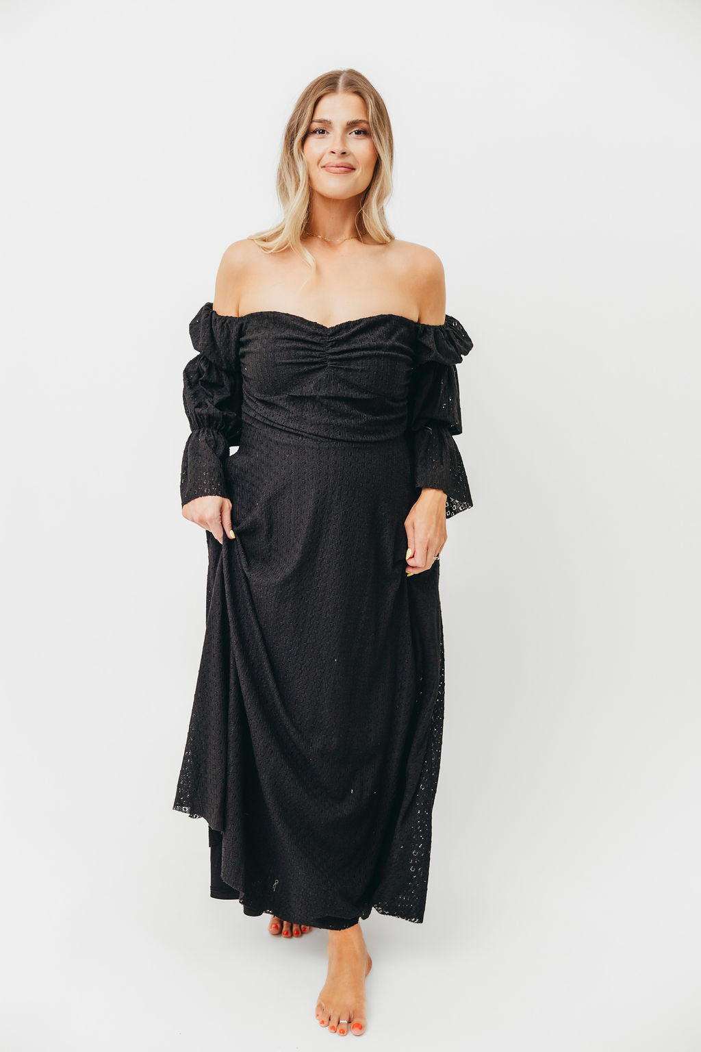 Corrine Tiered Sleeve Maxi Dress with Pockets - Bump Friendly Maternity Dress in Black | Perfect for Pregnancy, Nursing, and Special Occasions