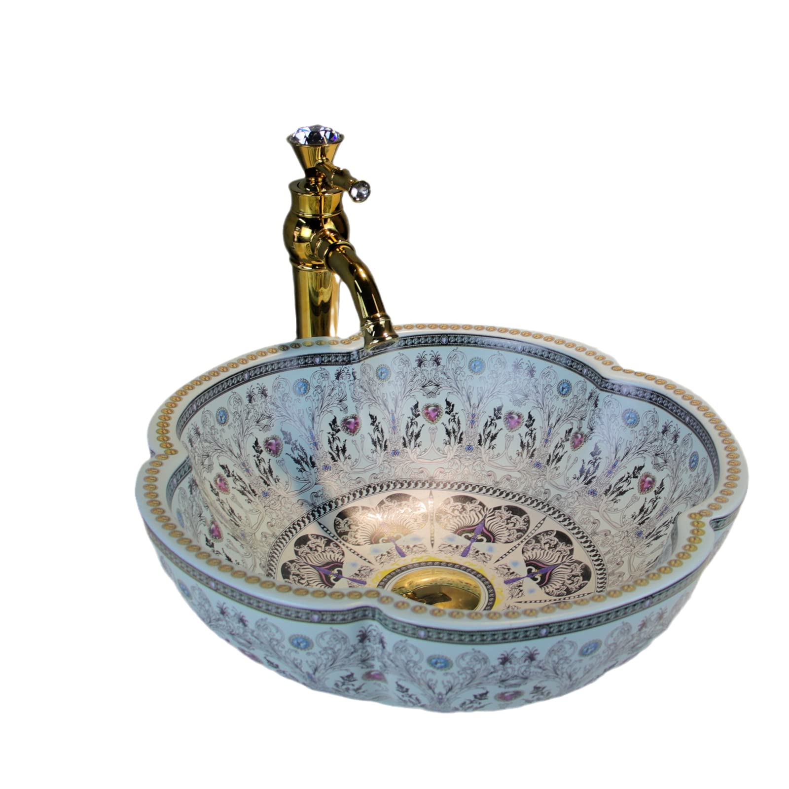 European Style Light Blue Floral Ceramic Vessel Sink - Above Counter Bathroom Vanity Top | Modern Farmhouse & Contemporary Bathroom Decor