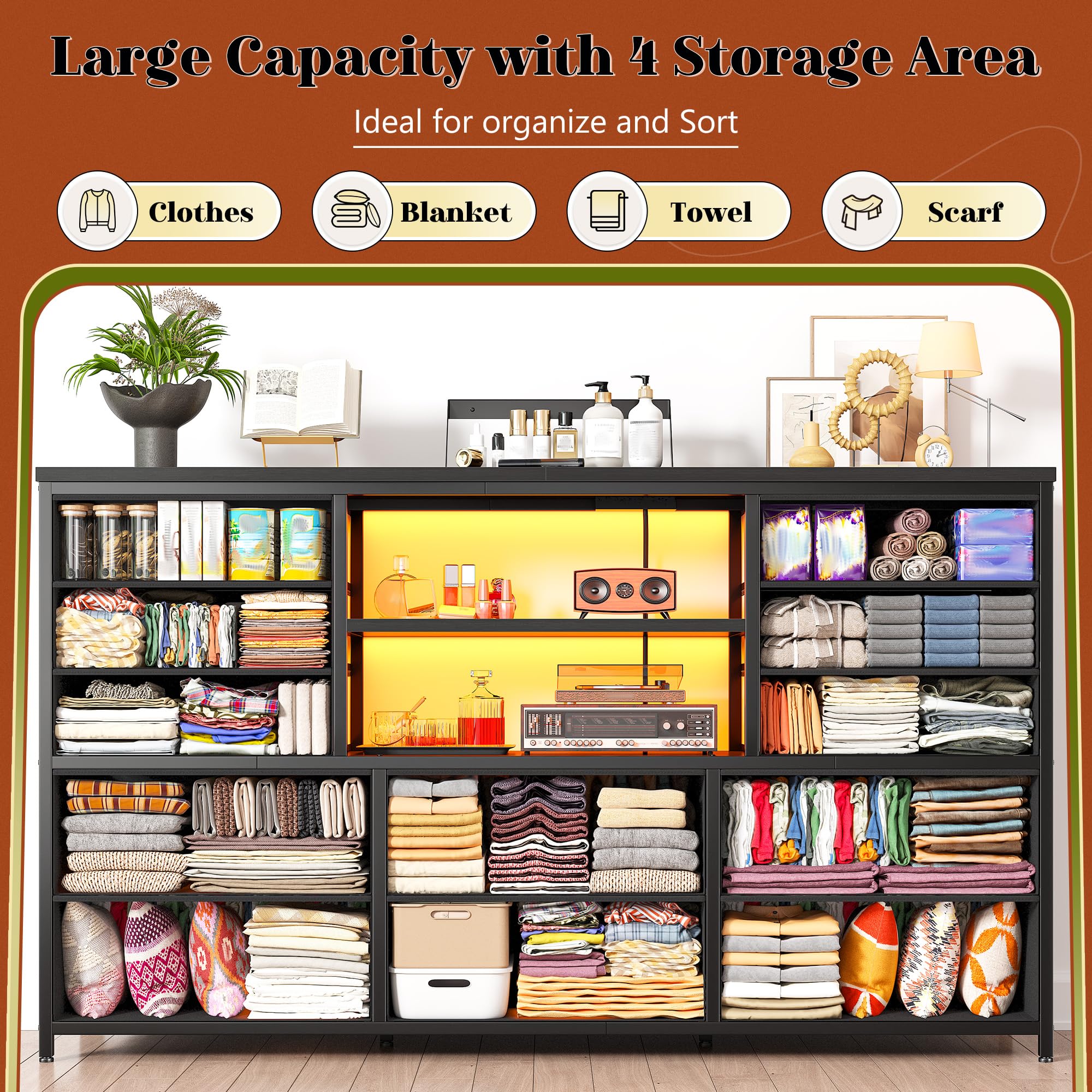 EnHomee 12-Drawer Black Dresser with LED Lights & Power Outlets - Sturdy Metal Frame TV Stand for 60'' TV, Fabric Dresser for Bedroom, Living Room, Hallway & Closet - Perfect for Home Organization & Entertainment Setup