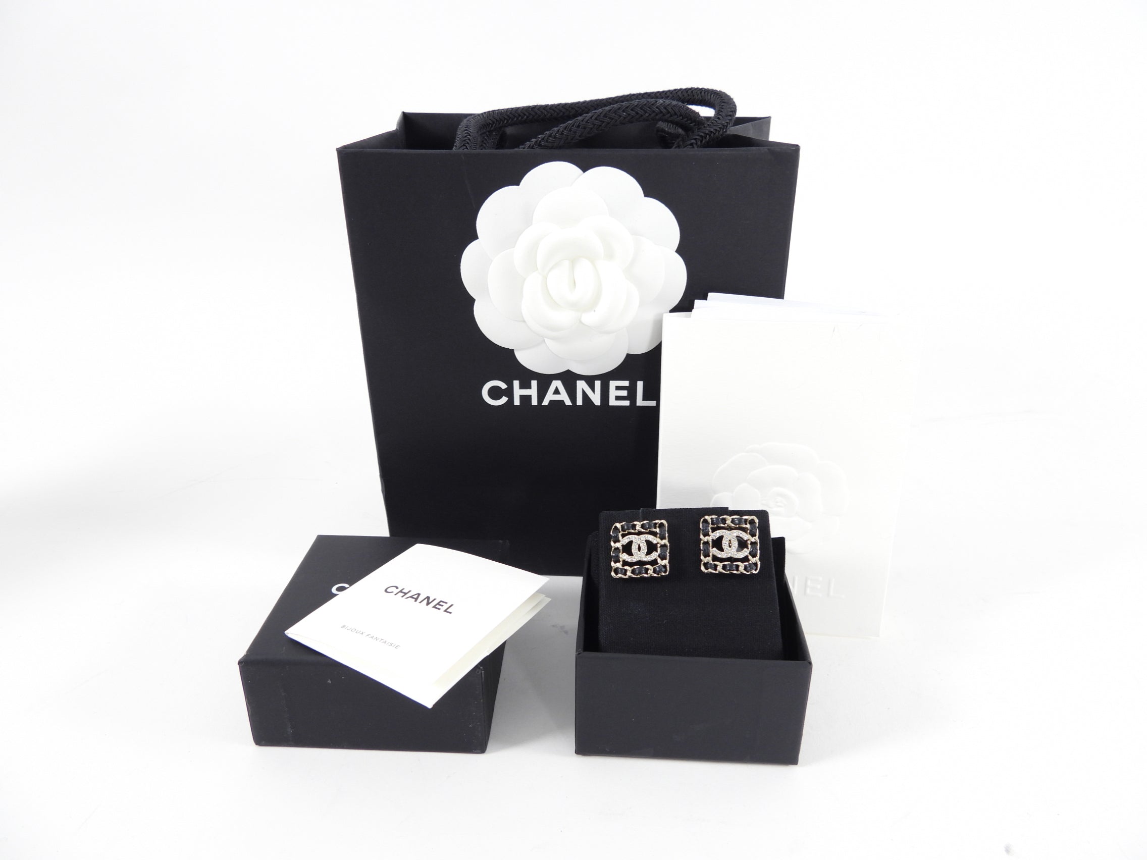 Chanel 21B Light Gold Square Leather Braid CC Crystal Earrings for Women - Luxury Fashion Jewelry Gift for Party, Wedding & Special Occasions