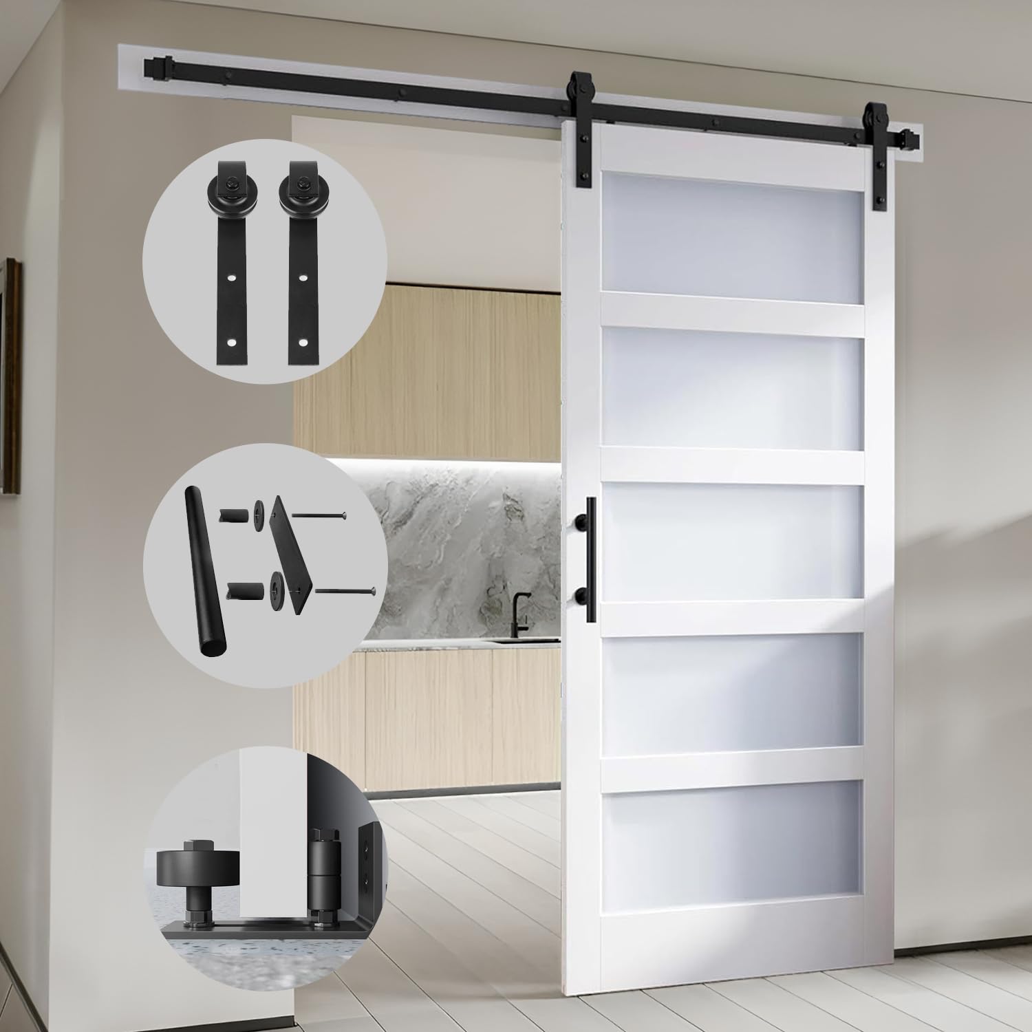 S&Z TOPHAND® 84 Inch x 18 Inch Double Glass Sliding Barn Door with 6FT Hardware Kit - 5 Tempered Frosted Glass Panels, Waterproof PVC Surface, Easy DIY Assembly for Bedroom, Closet, or Room Divider