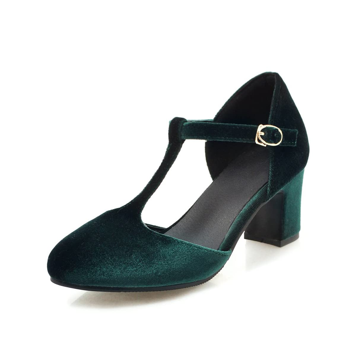 Women's T-Strap Velvet Chunky Heel Pumps - Black & Green Closed Toe Dress Shoes with Ankle Strap | Perfect for Evening Parties, Weddings & Formal Events