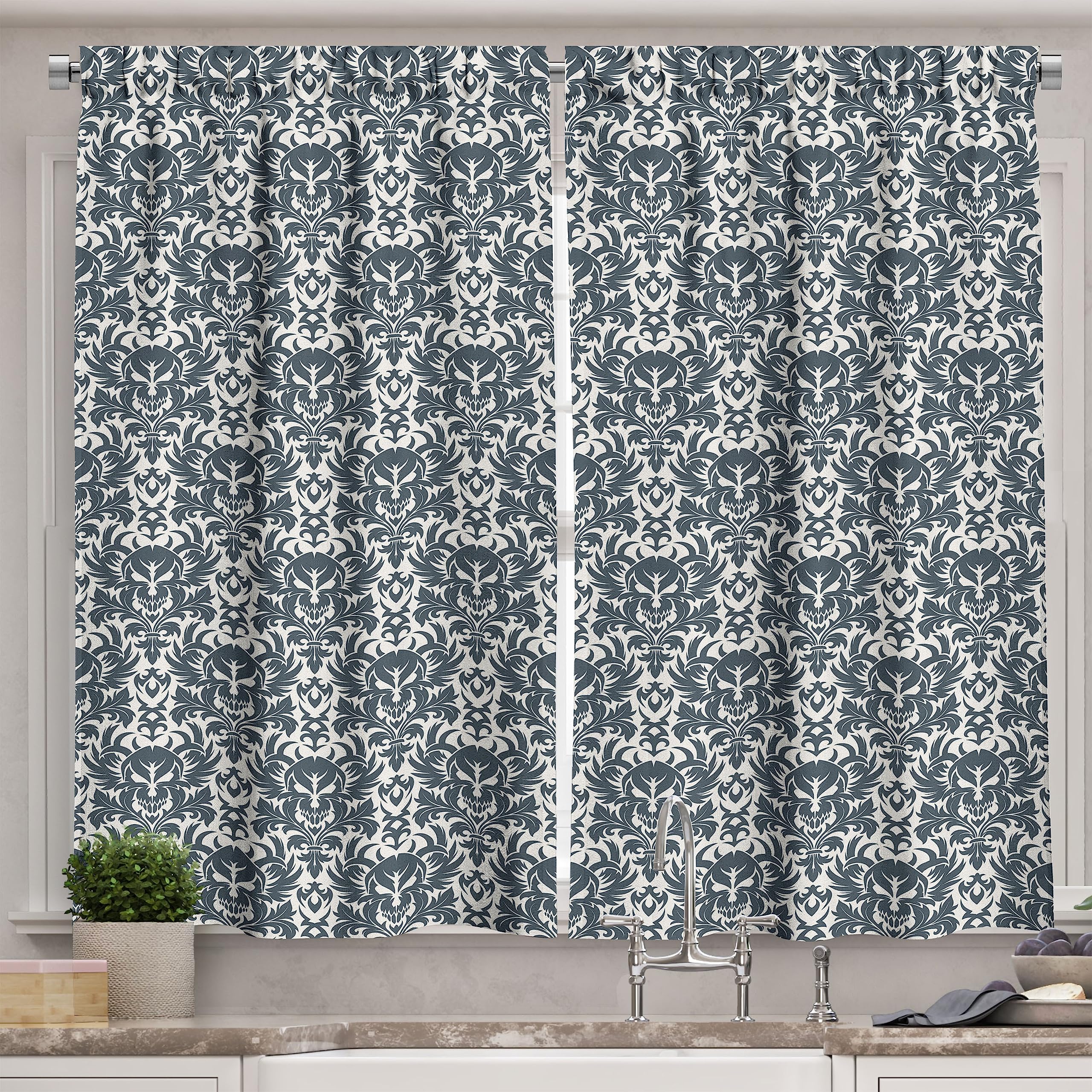 Ambesonne Gothic Skull Kitchen Curtains - Victorian Baroque Floral Skull Print, 2 Panel Rod Pocket Drapes, 55x45 Inches, Charcoal Grey & White - Perfect for Halloween Decor, Gothic Home Decor, and Dark Themed Dining Rooms