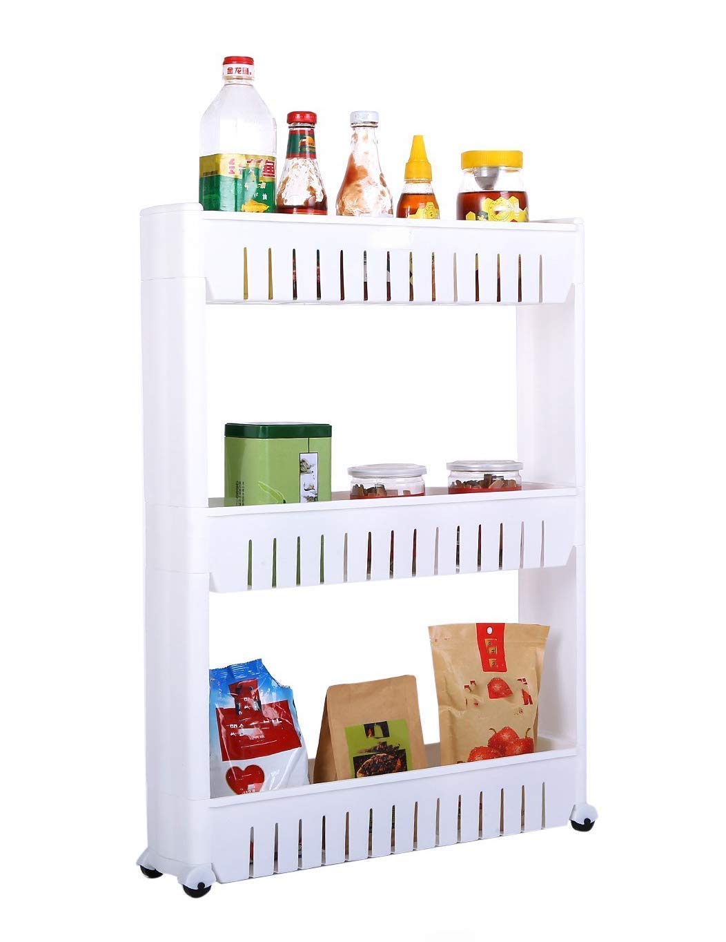 FAYBY 3-Tier Slim Space Saving Storage Organizer with Wheels | Plastic Kitchen Shelf for Narrow Spaces | Multi-Purpose Home & Office Use | Ideal for Kitchen, Bathroom, Pantry Organization (White)