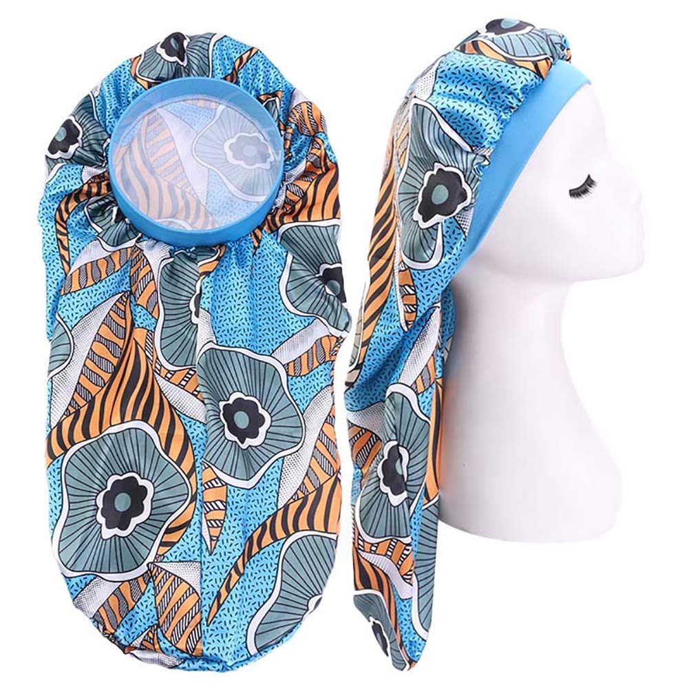 Extra Long Satin Sleep Bonnet for Braids & Natural Hair - Colorful Blue Floral Design - Soft & Breathable Hair Protection for Nighttime & Travel Use