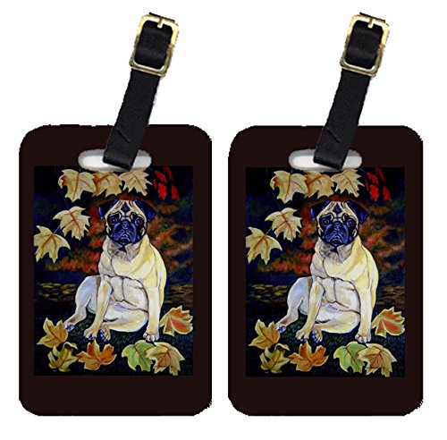 Pair of 2 Vintage Fall Leaves Pug Dog Luggage Tags - Large Colorful Pet ID Tags for Suitcases & Travel Bags | Perfect for Dog Lovers & Autumn Travel Accessories
