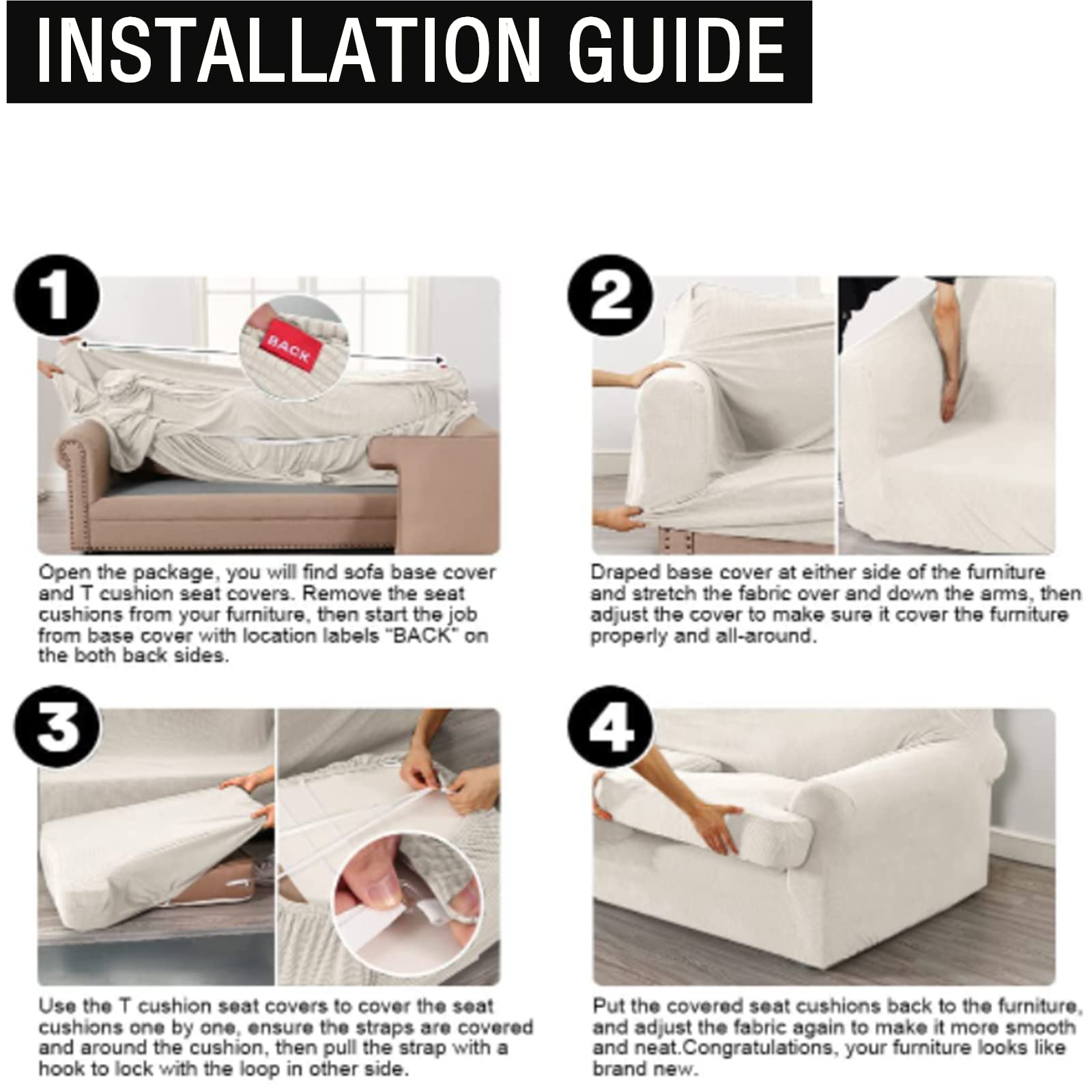 3 Piece T-Cushion Sofa Slipcovers - Thick Stretchable Couch Cover Furniture Protector for 2-Cushion Loveseat with Washable Removable Covers (White) - Perfect for Living Room, Apartment & Home Decor Protection