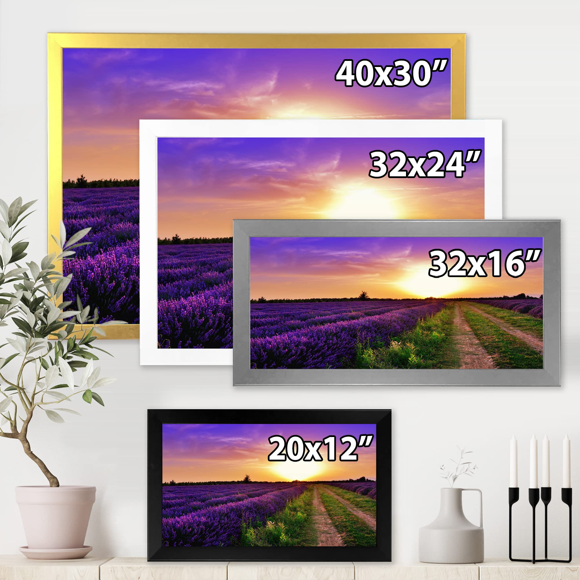 Lavender Field At Dawn II - Farmhouse Framed Wall Art Painting - Countryside Home Decor for Living Room, Bedroom & Office