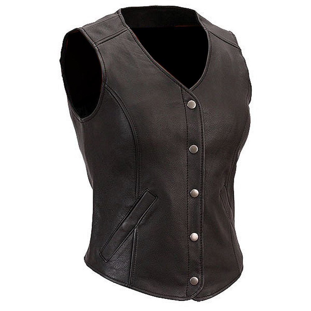 Stylish Women's Real Black Leather Biker Vest with Front Snap Buttons - Perfect for Motorcycle Riding, Night Outfits & Fashion Statements