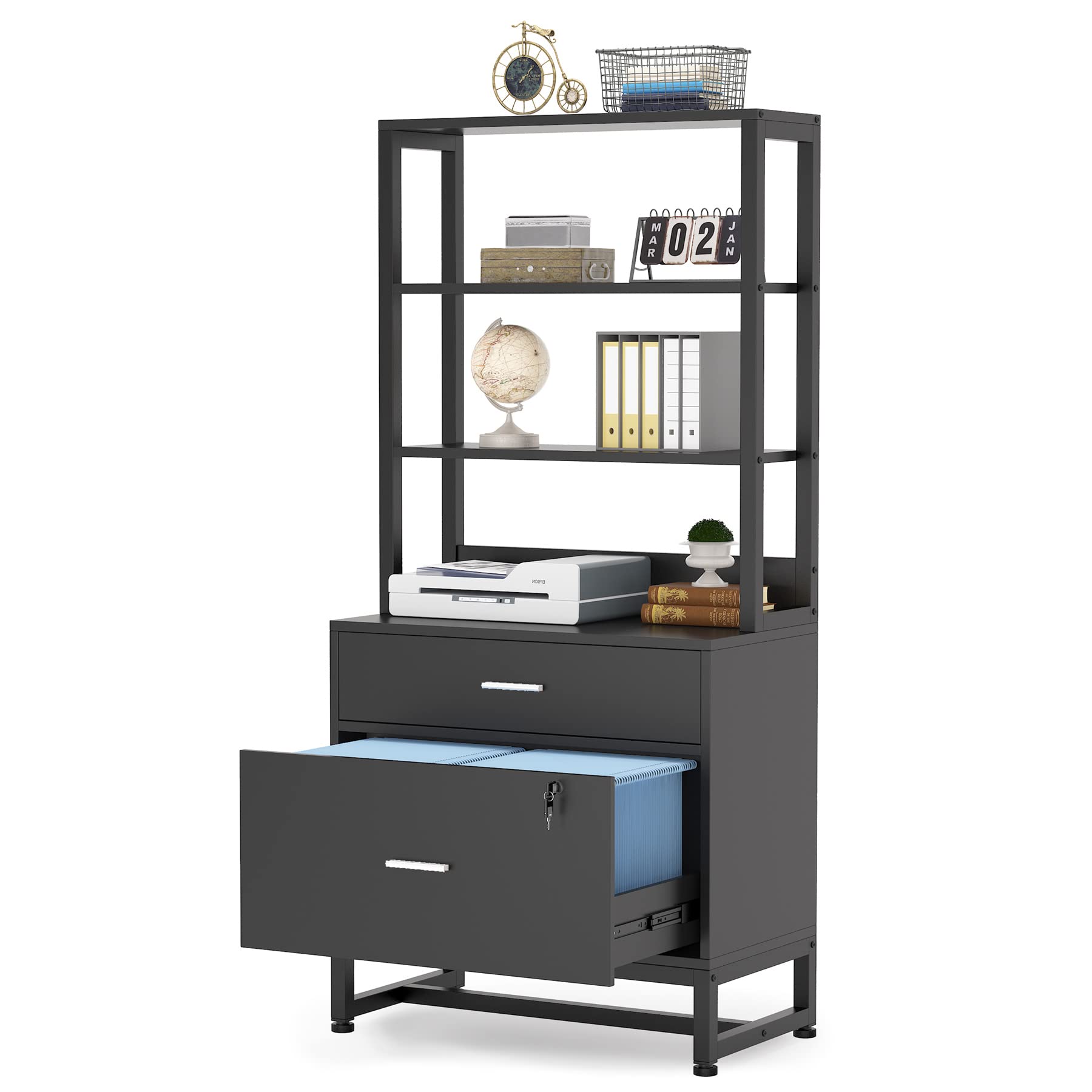 Tribesigns 2-Drawer Locking File Cabinet with Bookshelf - Letter Size Vertical Filing Cabinet & Printer Stand with Open Storage Shelves - Modern Home Office Furniture for Documents & Supplies (Black) - Perfect for Small Spaces & Organization Needs