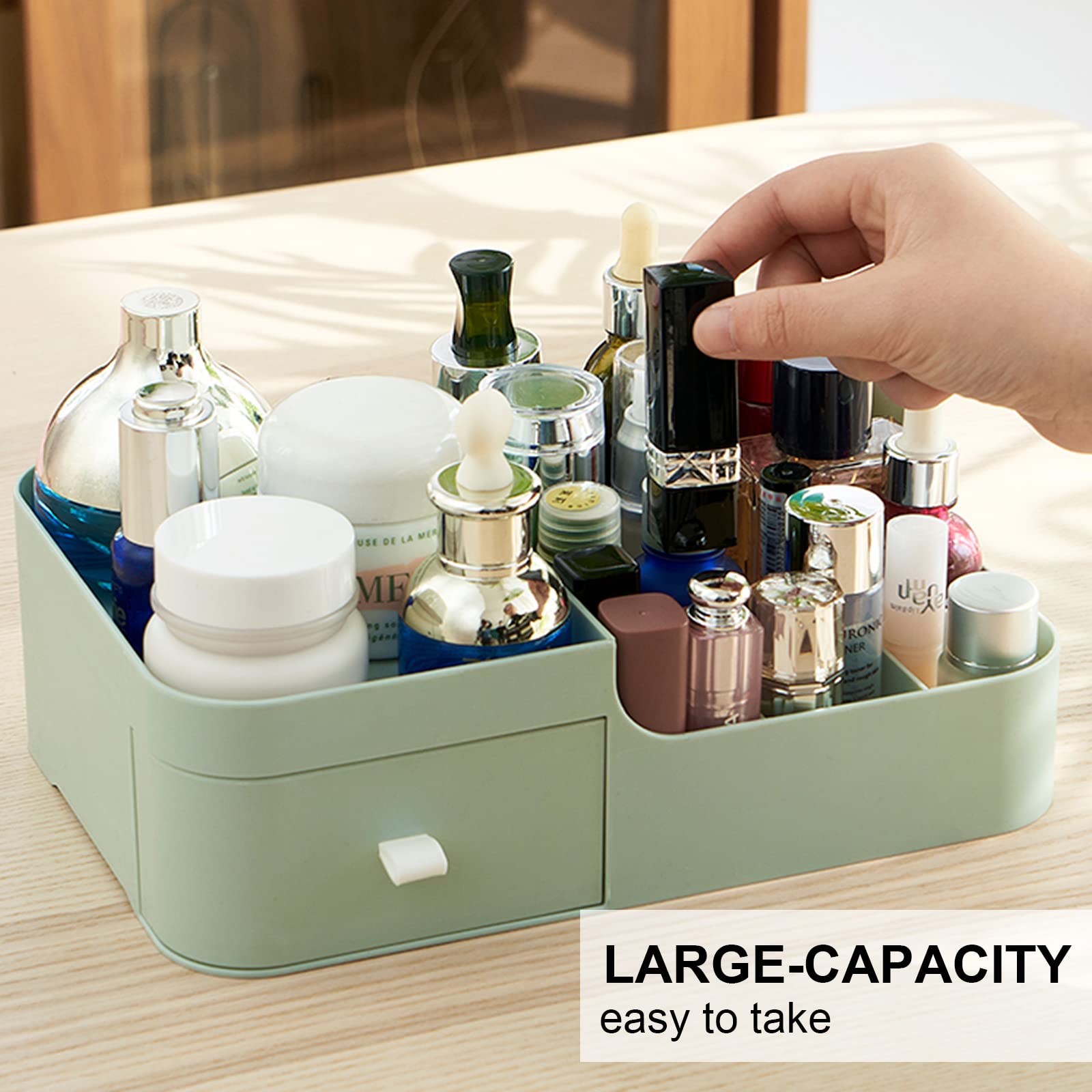 Abiudeng Makeup Desk Organizer with Drawers - Small Bathroom & Vanity Countertop Storage for Cosmetics, Skincare, Jewelry - Holds Lipstick, Brushes, Eyeshadow, Nail Polish & More (Green) | Perfect for Bedroom Vanity, Bathroom Counter & Dressing Table Organization