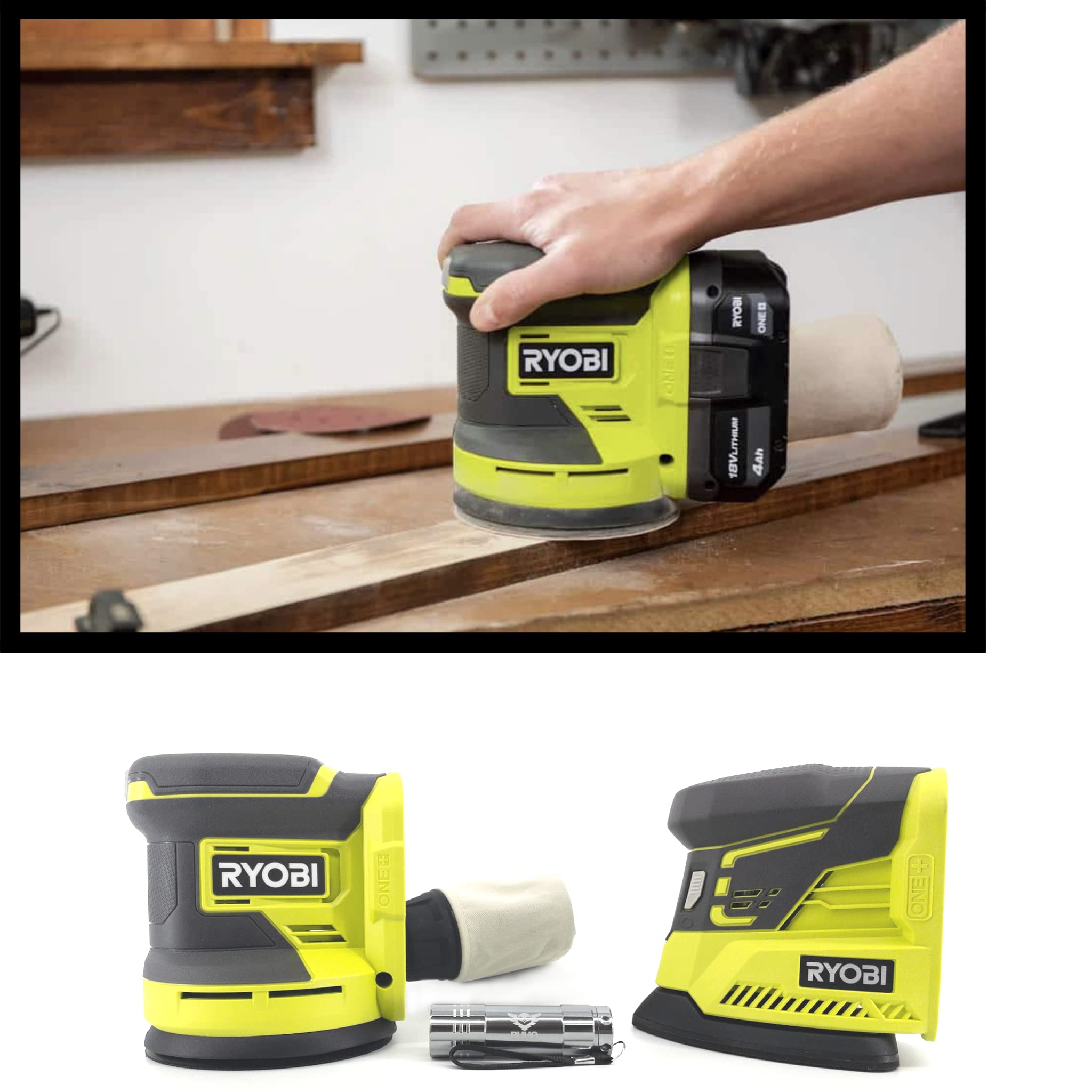18V Buho Cordless Power Sander Bundle - 5 Inch Random Orbit Sander & Corner Cat Finish Sander with Pocket Flashlight (Bare Tools, No Battery) - Perfect for Woodworking, DIY Projects & Home Renovations