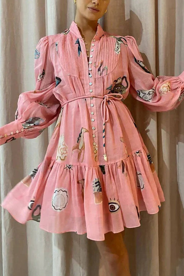 Unique Print Single Breasted Balloon Sleeve Tie Waist Ruffled Mini Dress - Elegant Party & Date Night Outfit for Women