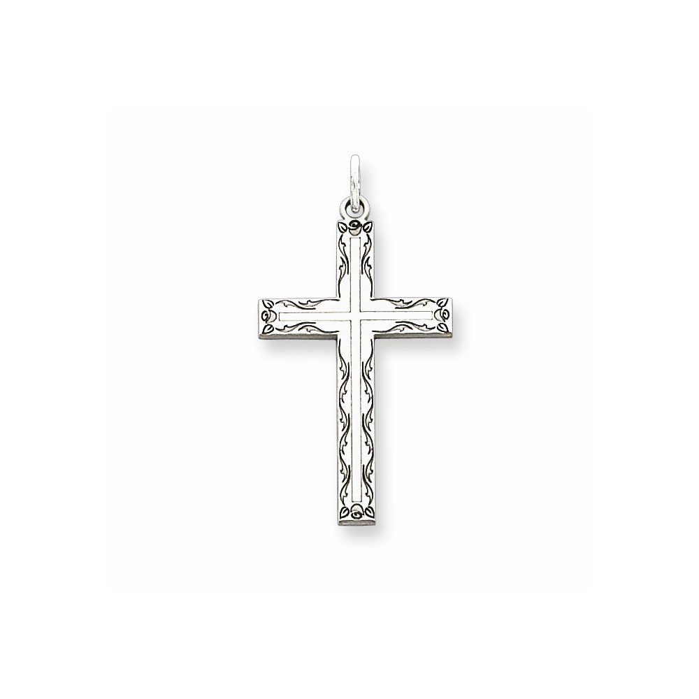 Sterling Silver Rhodium-Plated Laser Engraved Cross Pendant Necklace for Women - Elegant Religious Jewelry Gift for Baptism, Confirmation & Everyday Wear