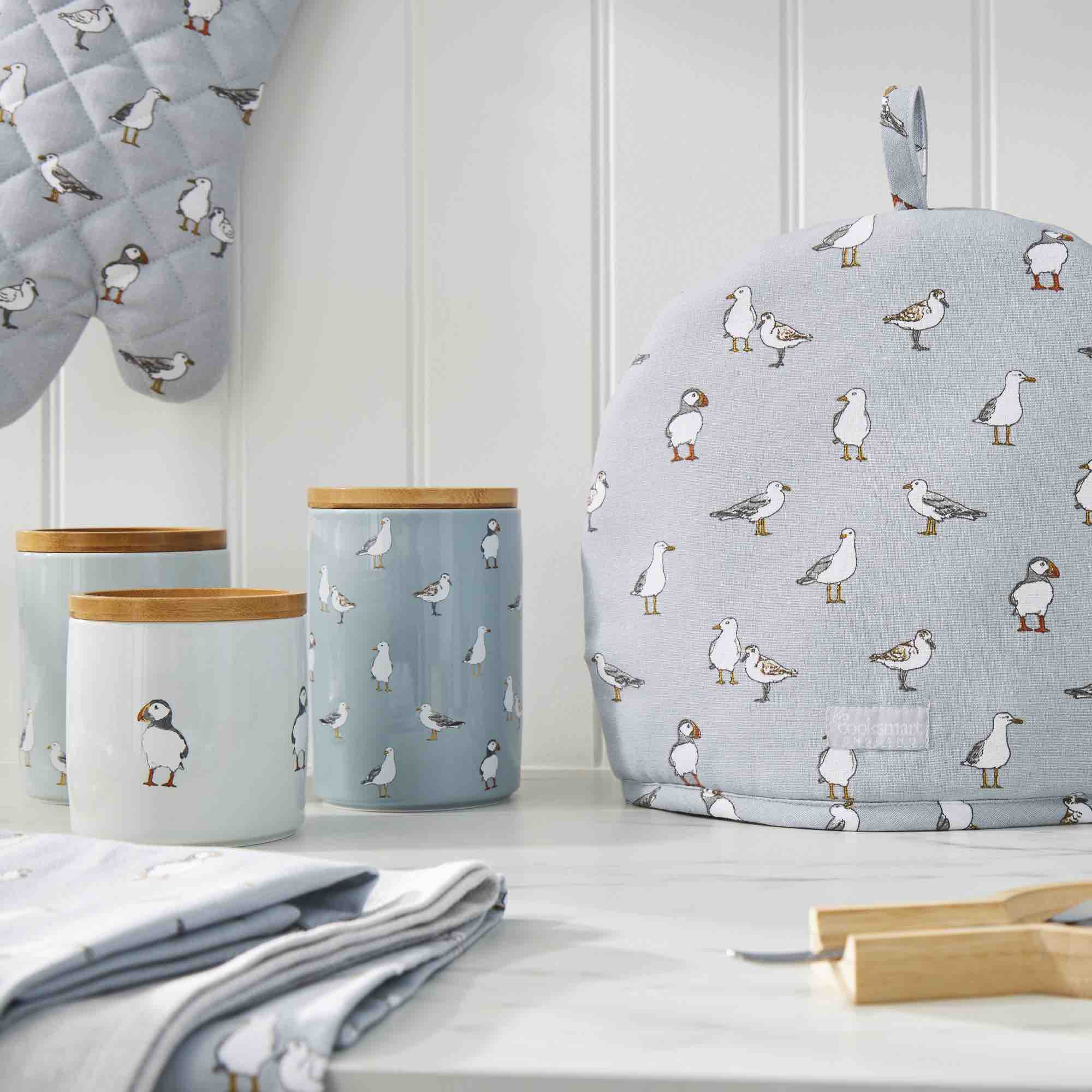 Small Ceramic Canister with Coastal Birds Design - Perfect for Kitchen Storage, Bathroom Organization & Home Decor